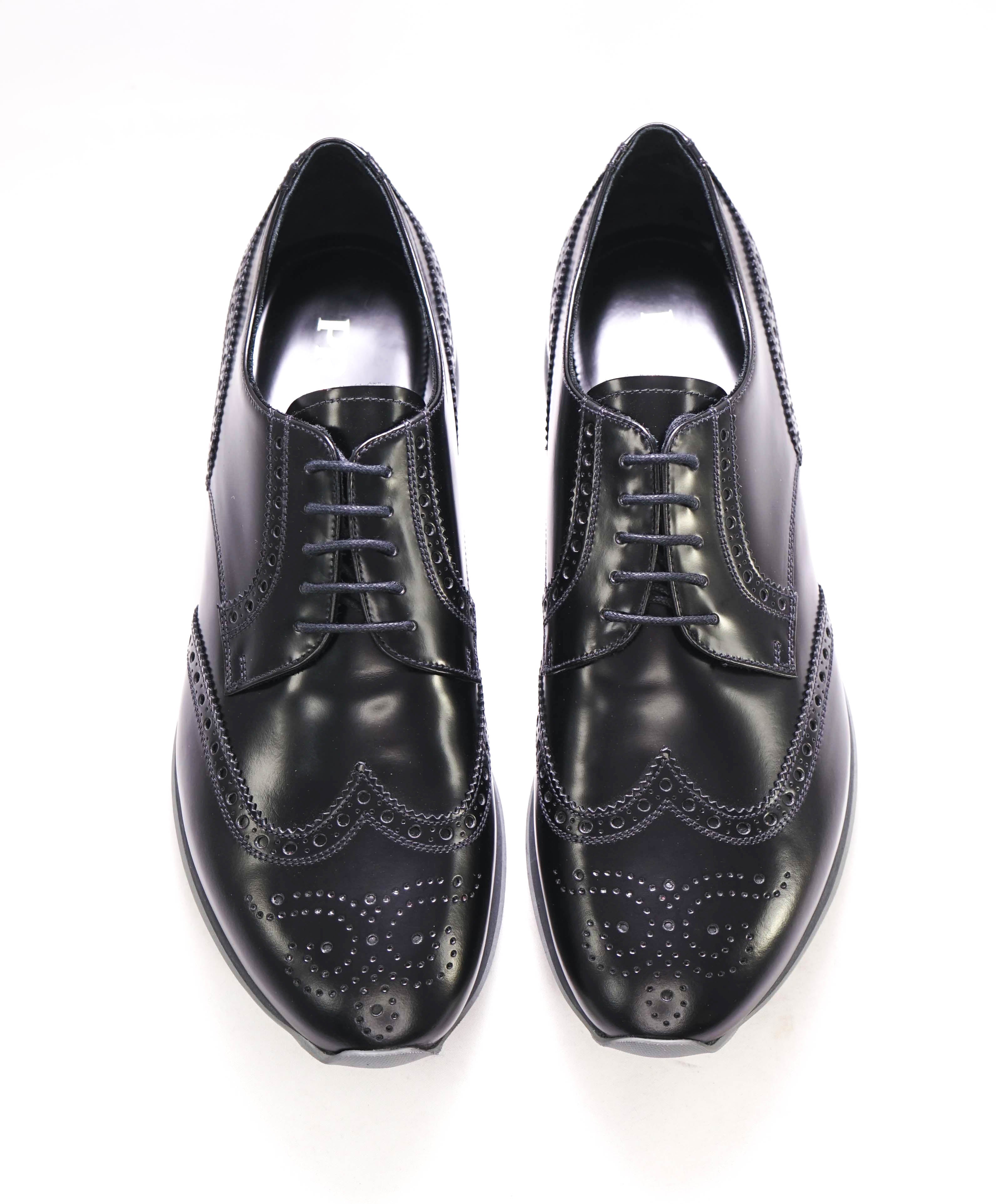 $950 PRADA - Black Leather Dress/Sneakers With Logo Brogue Detail - 10.5 US (9.5 IT)