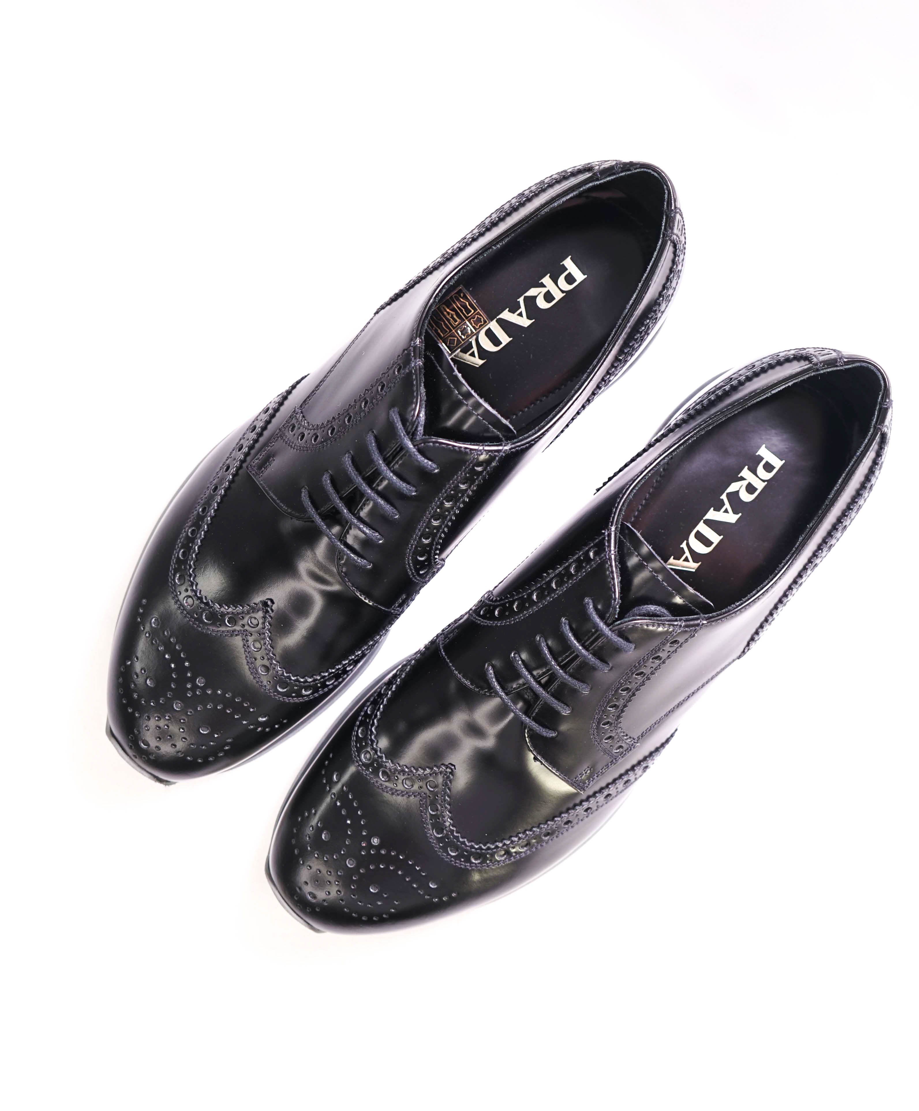 $950 PRADA - Black Leather Dress/Sneakers With Logo Brogue Detail - 10.5 US (9.5 IT)