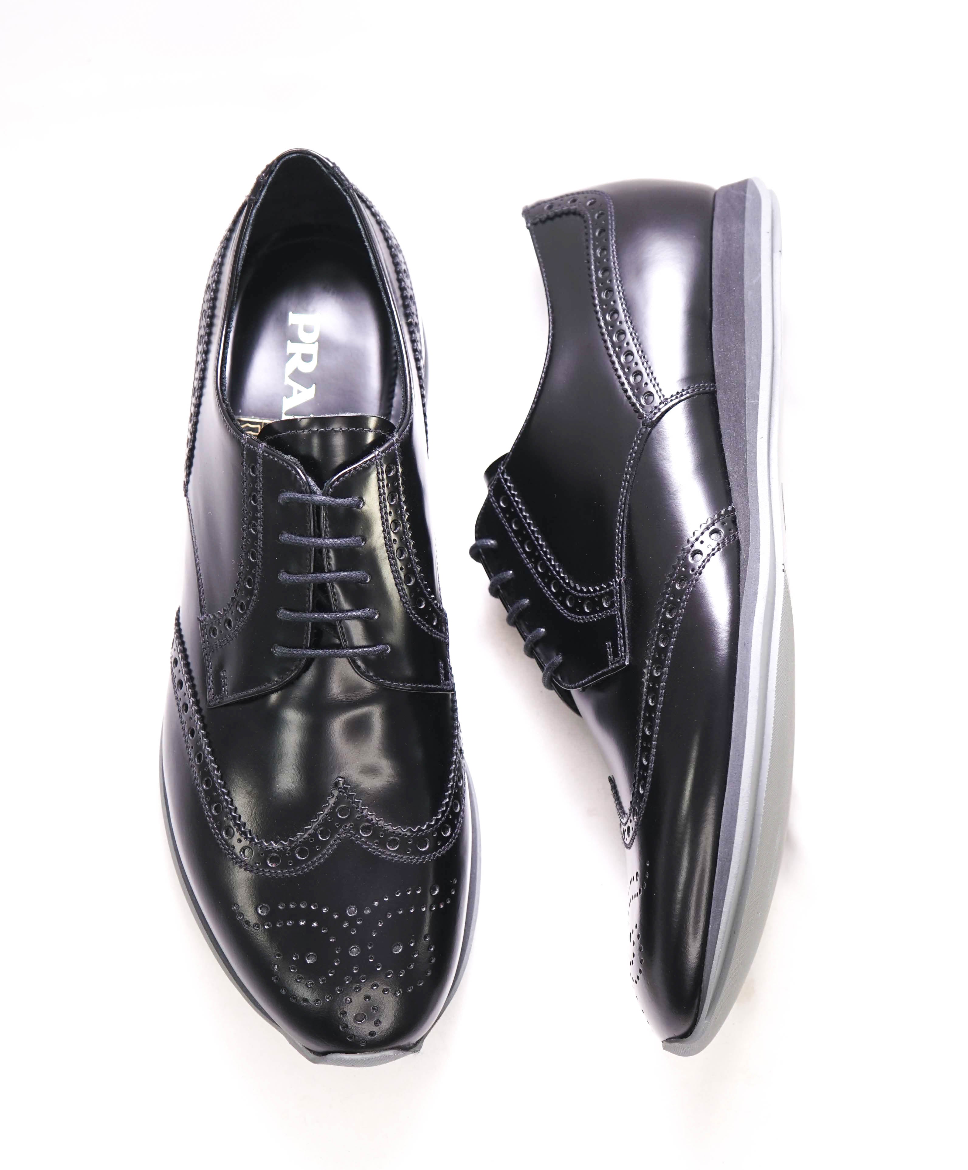 $950 PRADA - Black Leather Dress/Sneakers With Logo Brogue Detail - 10.5 US (9.5 IT)