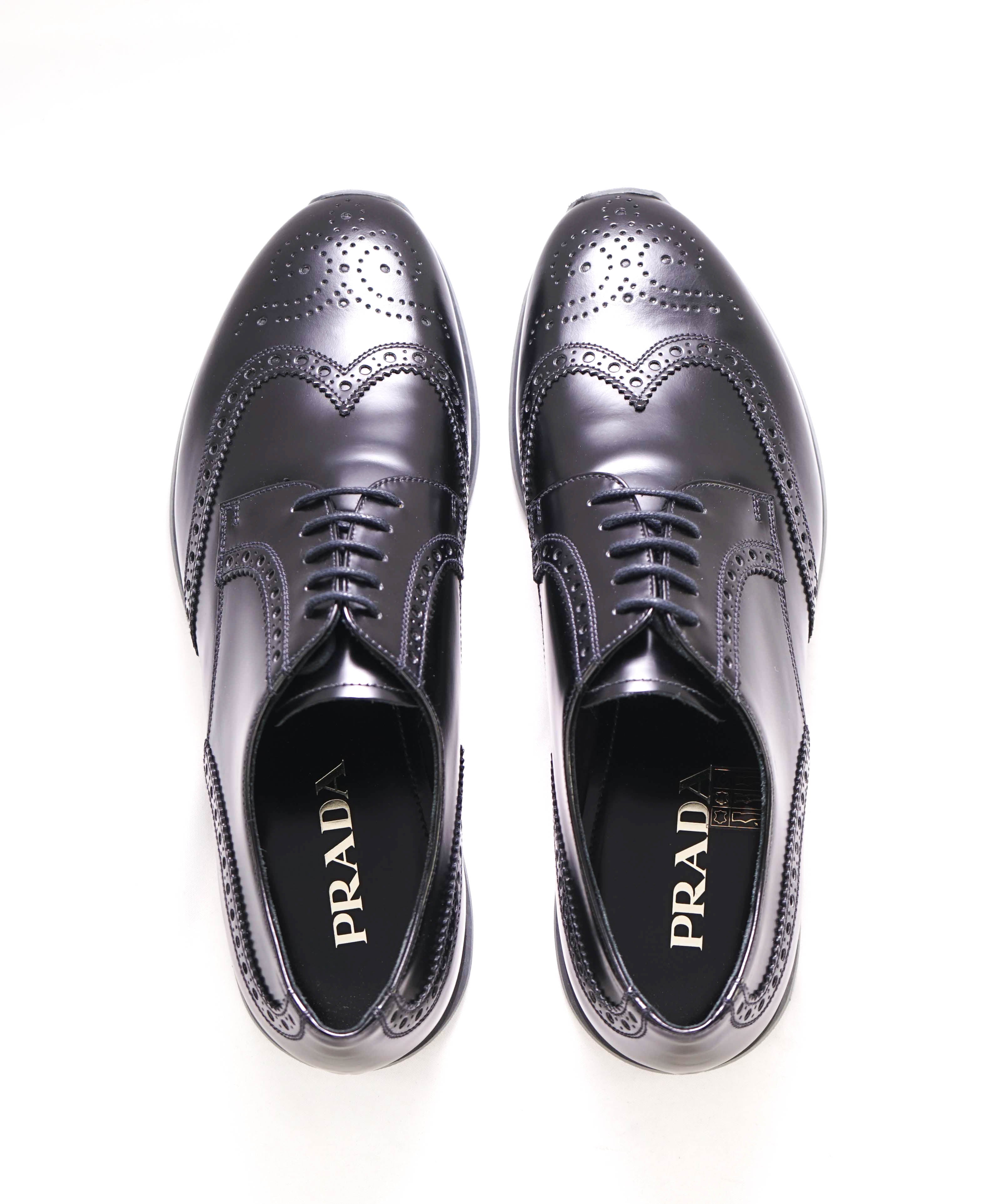 $950 PRADA - Black Leather Dress/Sneakers With Logo Brogue Detail - 10.5 US (9.5 IT)