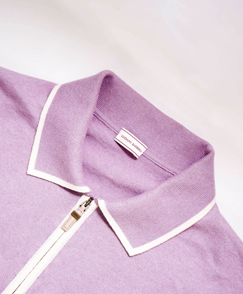 $440 LUCIANO BARBERA - Purple Tipped Cotton/CASHMERE Zip Polo - M (50EU)