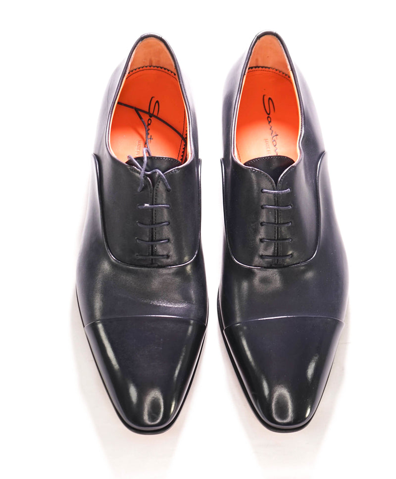 $1,080 SANTONI - Black Leather ORANGE ICONIC SOLE Classic Oxfords - 11.5 US