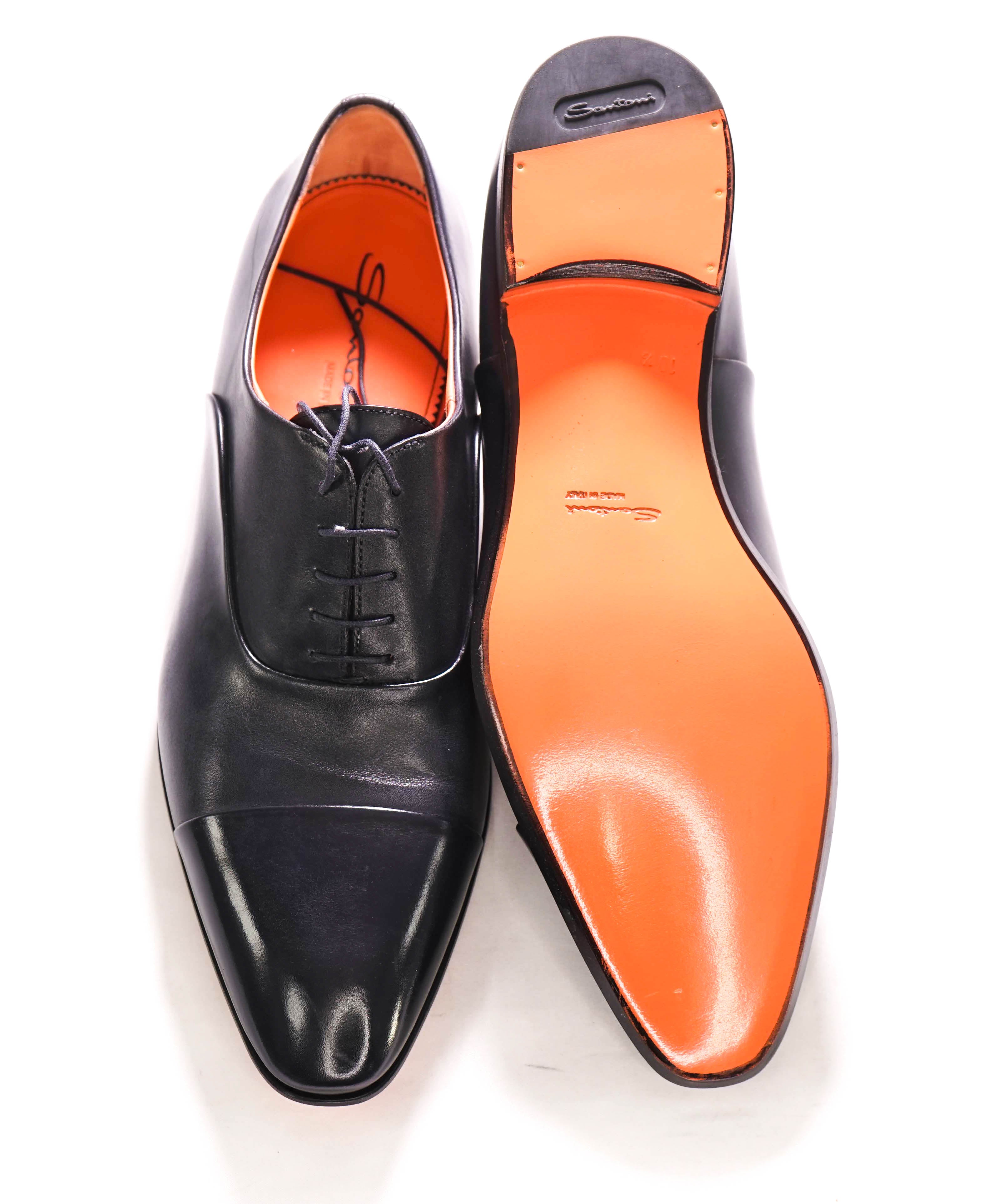 $1,080 SANTONI - Black Leather ORANGE ICONIC SOLE Classic Oxfords - 11.5 US