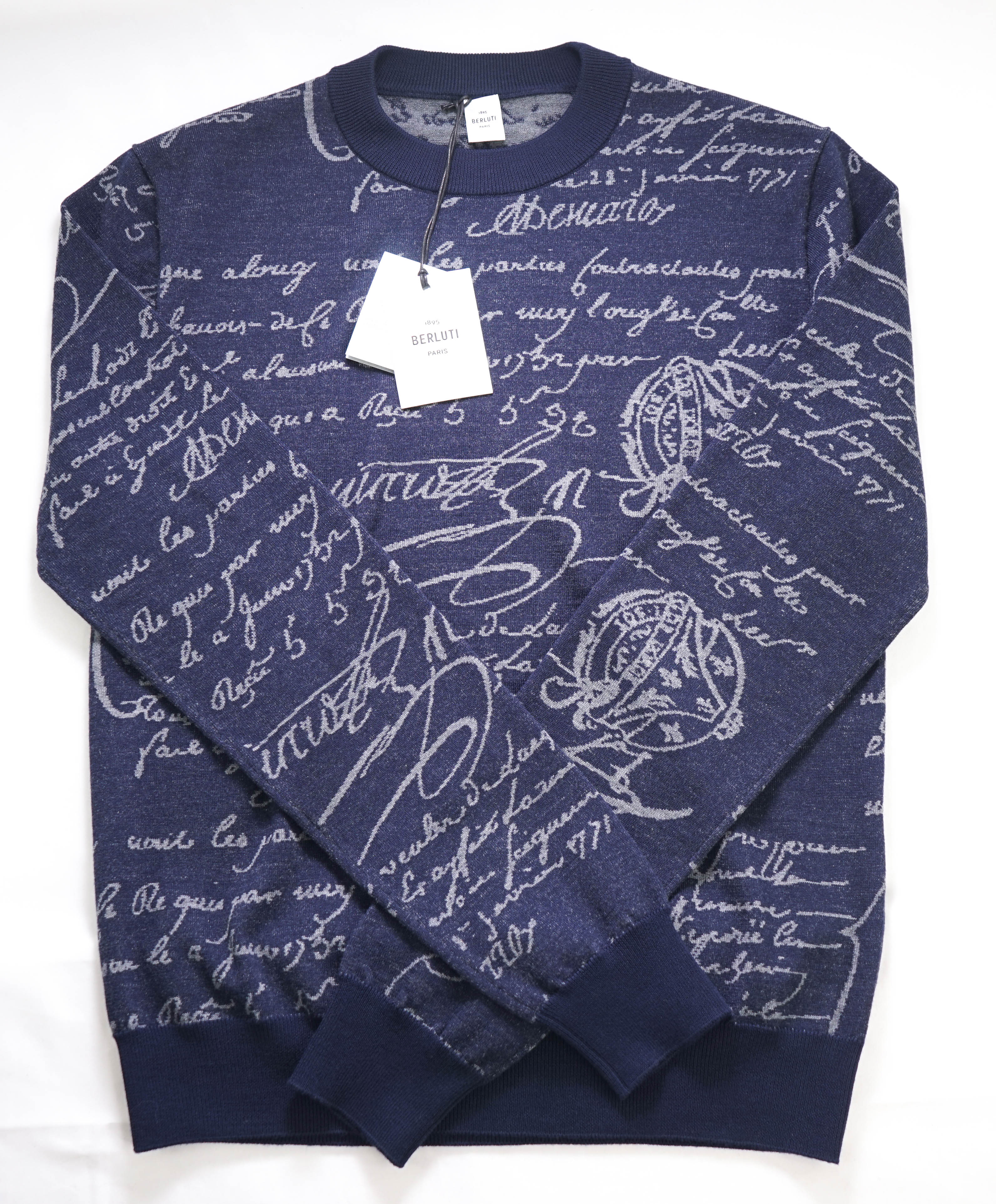 $1,195 BERLUTI PARIS- "SCRITTO" Wool Iconic Pullover Navy Sweater - XS