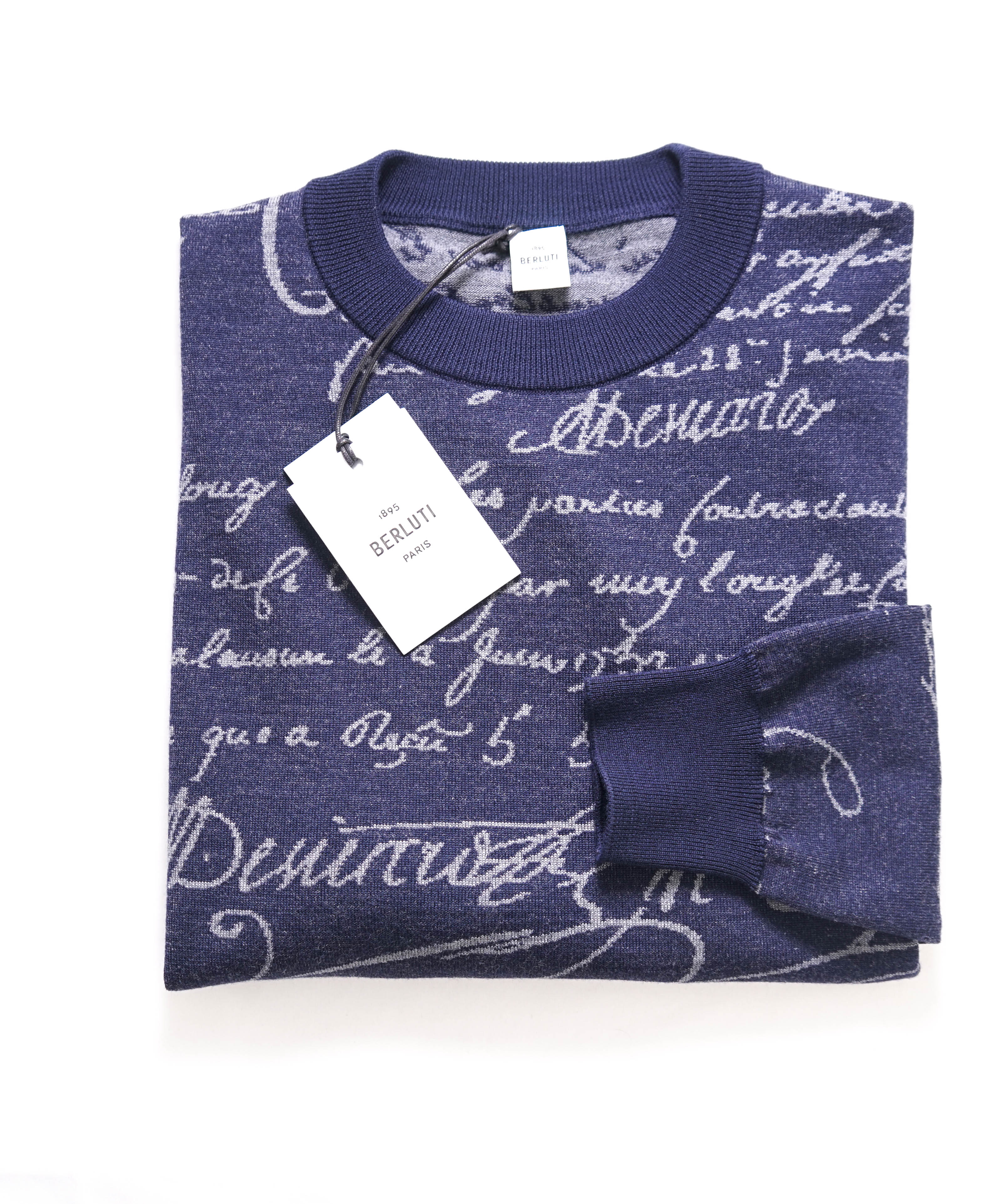 $1,195 BERLUTI PARIS- "SCRITTO" Wool Iconic Pullover Navy Sweater - XS