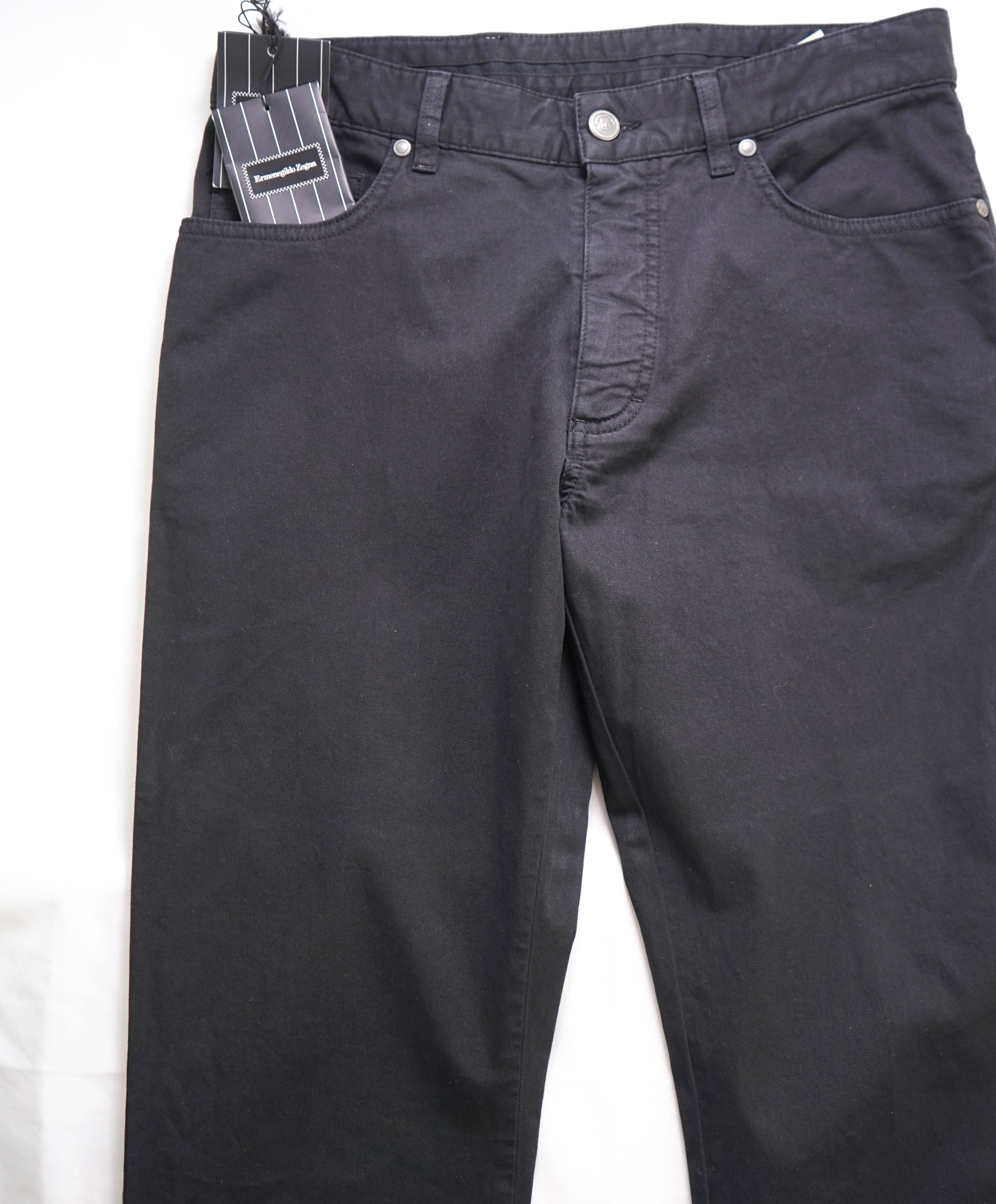 ERMENEGILDO ZEGNA - Black Cotton Leather Logo Tag 5-Pocket Pants- 32W