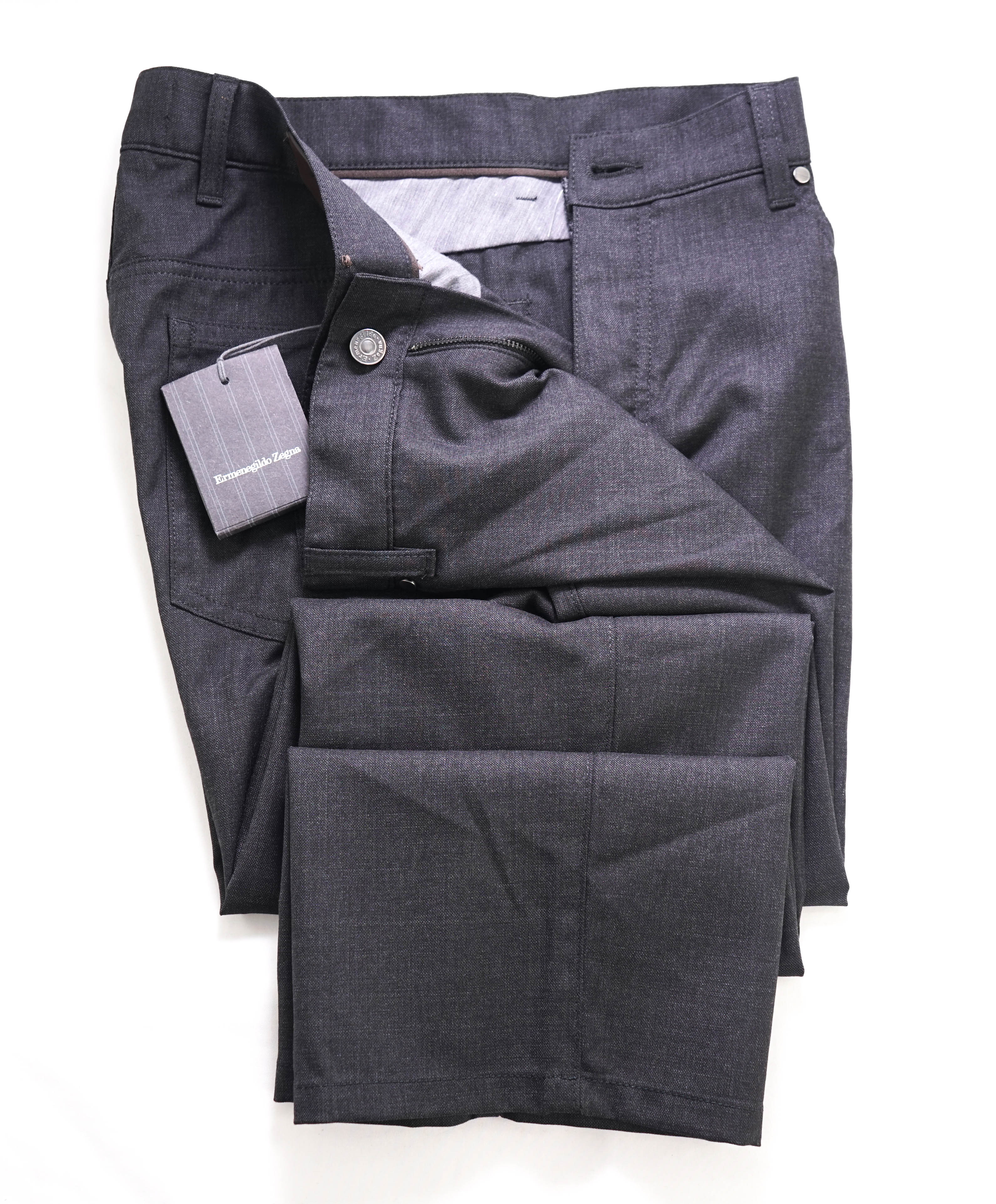 ERMENEGILDO ZEGNA - Gray WOOL Leather Logo Tag 5-Pocket Pants- 36W