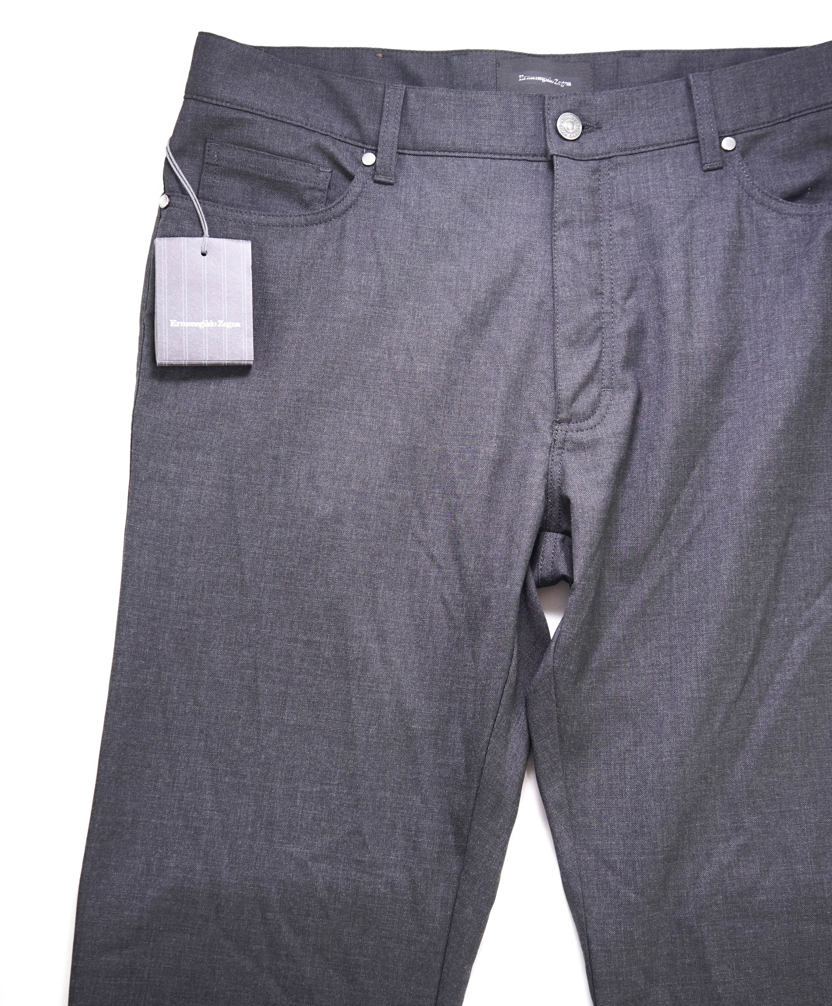 ERMENEGILDO ZEGNA - Gray WOOL Leather Logo Tag 5-Pocket Pants- 36W