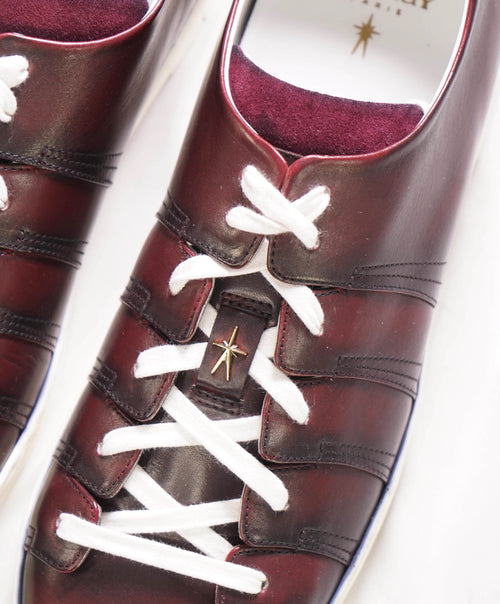 $1,140 CORTHAY - "90" Burgundy Brown LOGO Hand Patina Leather Sneakers - 10 US