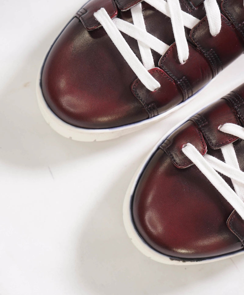 $1,140 CORTHAY - "90" Burgundy Brown LOGO Hand Patina Leather Sneakers - 10 US