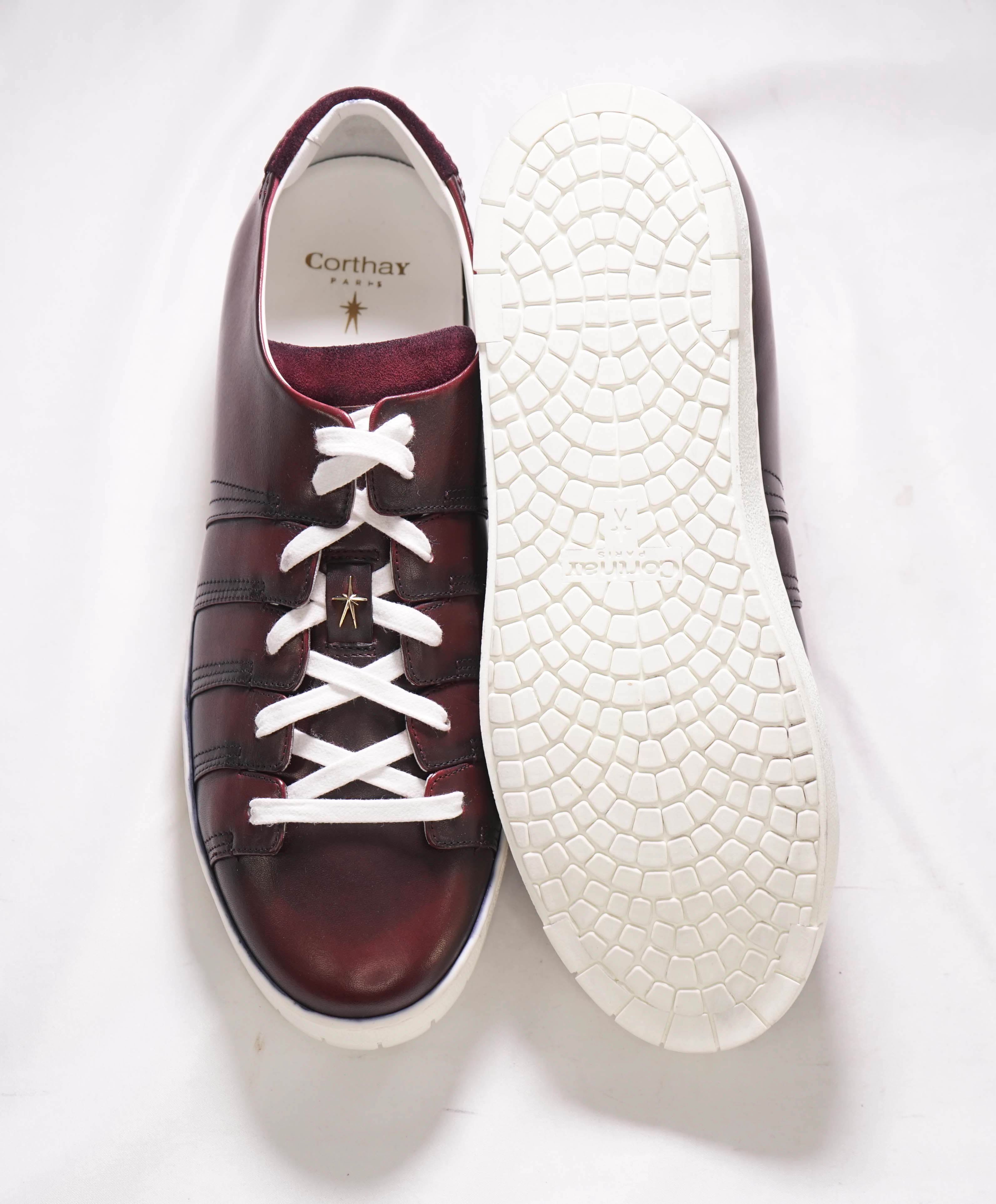 $1,140 CORTHAY - "90" Burgundy Brown LOGO Hand Patina Leather Sneakers - 10 US