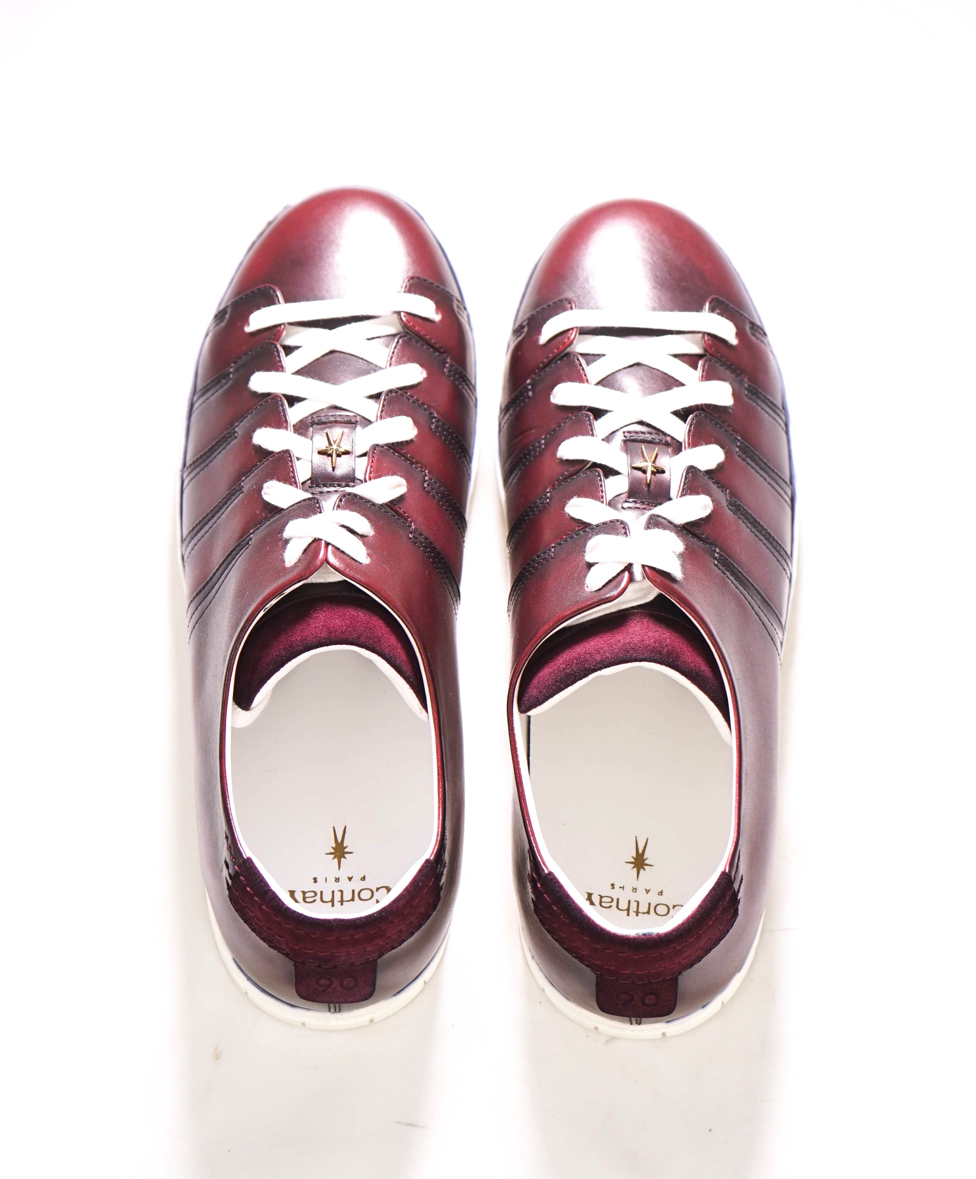 $1,140 CORTHAY - "90" Burgundy Brown LOGO Hand Patina Leather Sneakers - 10 US