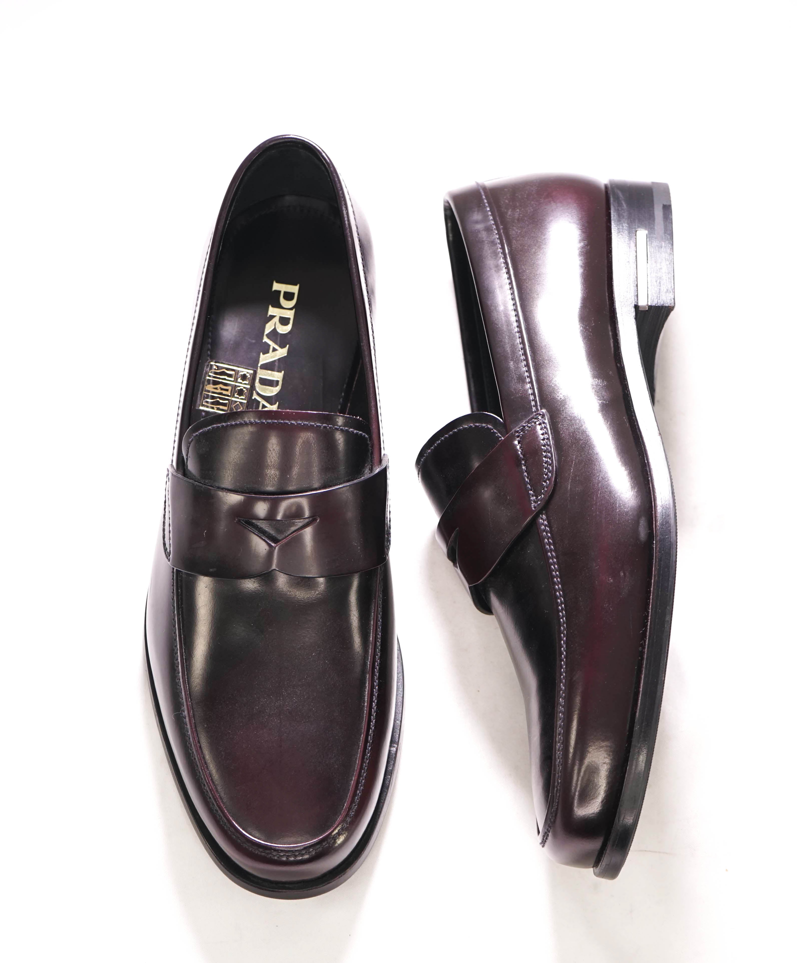 $950 PRADA - Cherry Brown Leather LOGO Penny Loafers - 8 US (7 Prada)