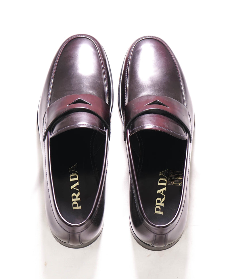 $950 PRADA - Cherry Brown Leather LOGO Penny Loafers - 8 US (7 Prada)