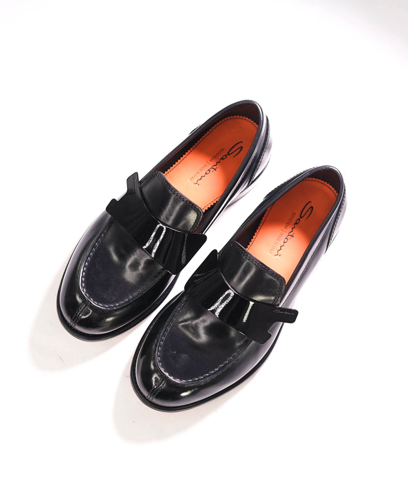 $995 SANTONI - "MOCA" Black Leather & Matt Metal Monk Strap Loafers - 8 D US