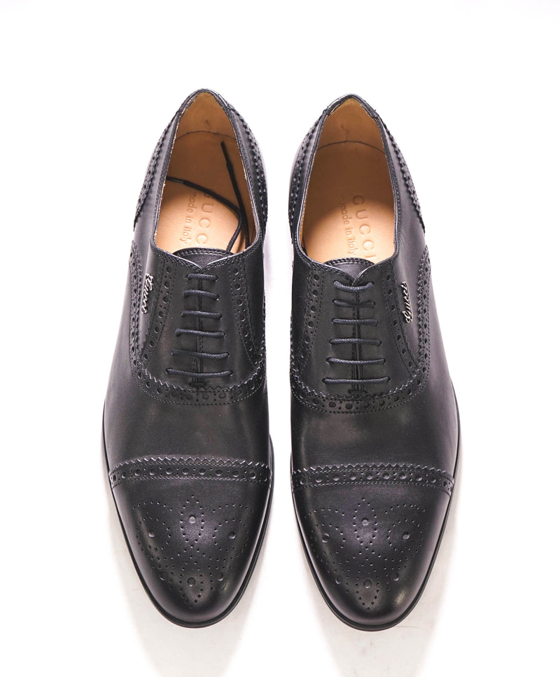 $890 GUCCI - Black Brogue Cap Toe Logo Script Oxford - 7.5US (7G)