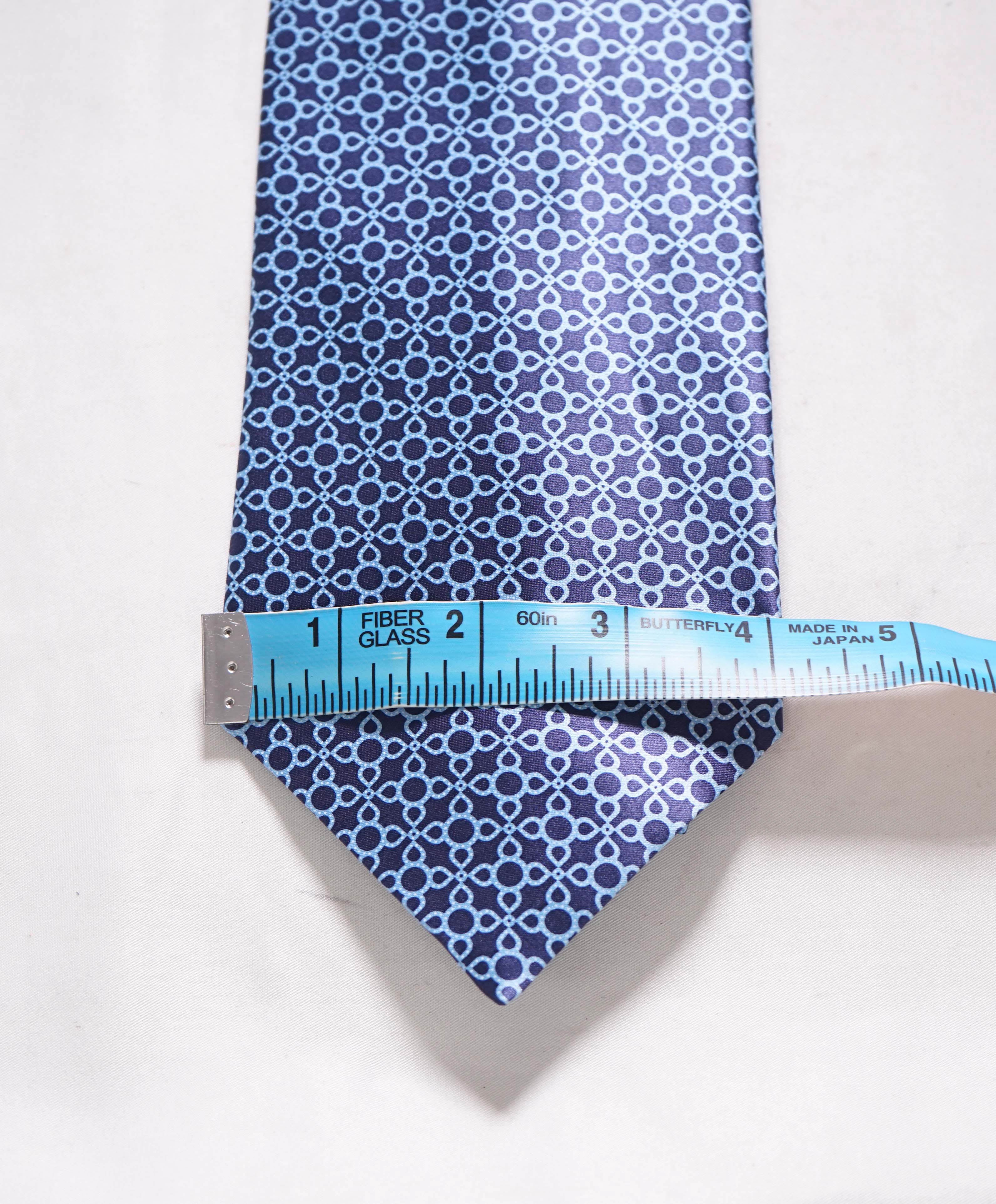 $330 STEFANO RICCI - Blue Geometric Printed Silk Made in Italy 4" - Tie