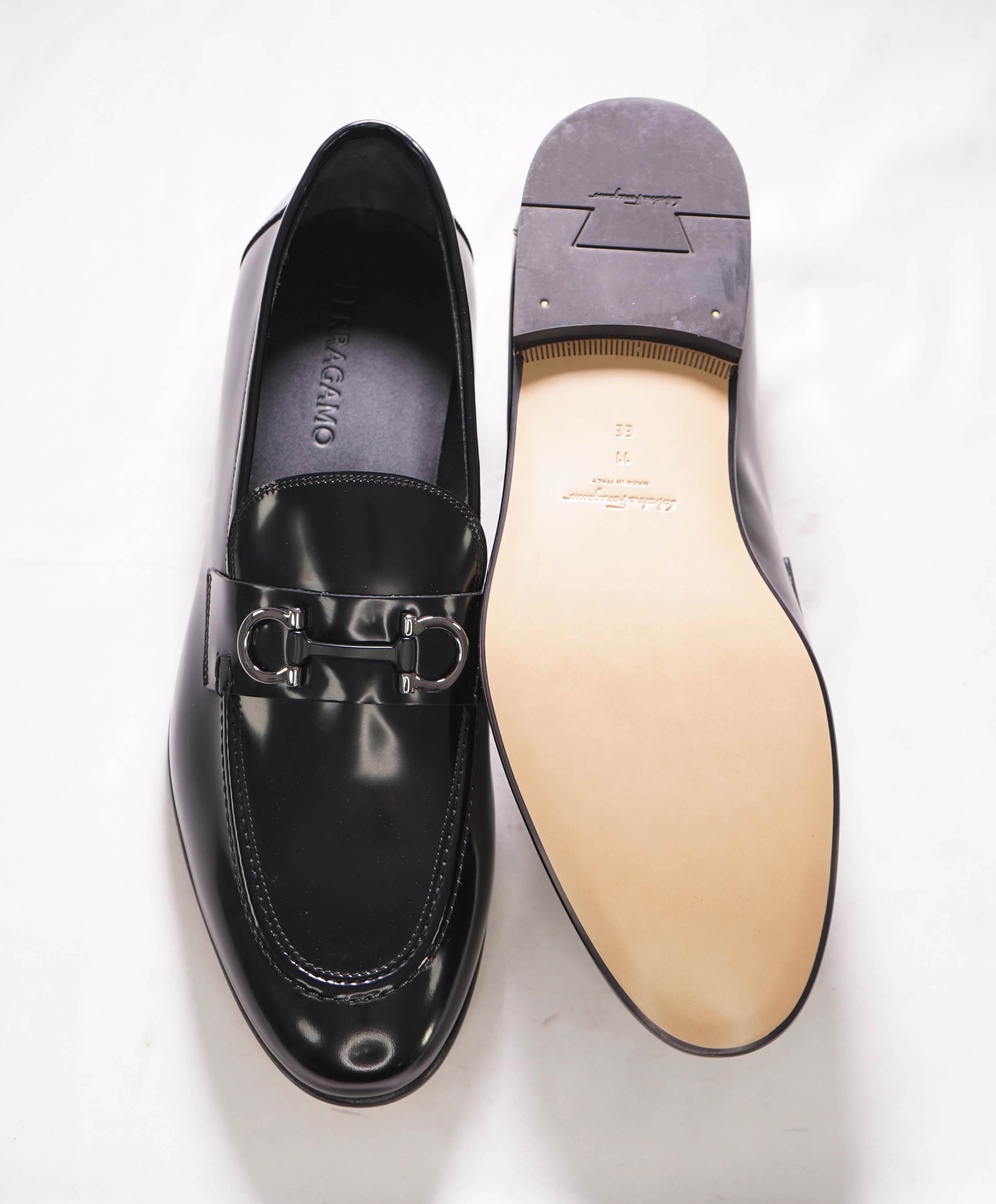 $850 SALVATORE FERRAGAMO - “GIN 4" Gancini Bit Loafer Black Leather - 11 EE US