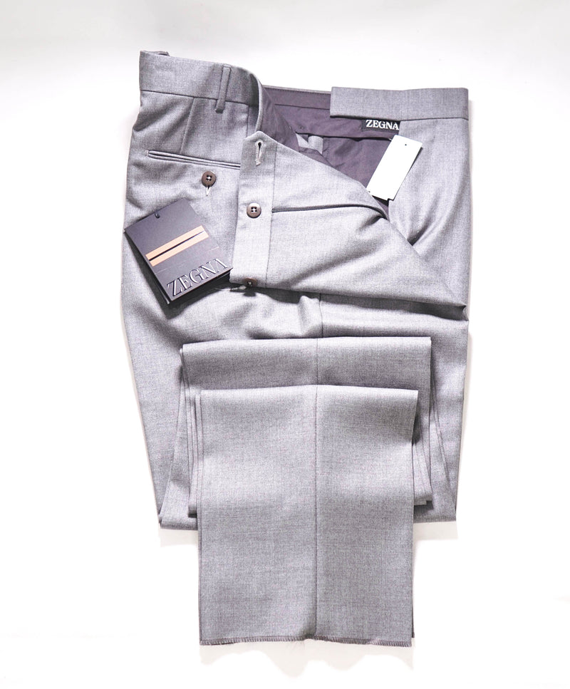 $890 ERMENEGILDO ZEGNA - Regular Fit Gray Flat Front Dress Pants - 36W