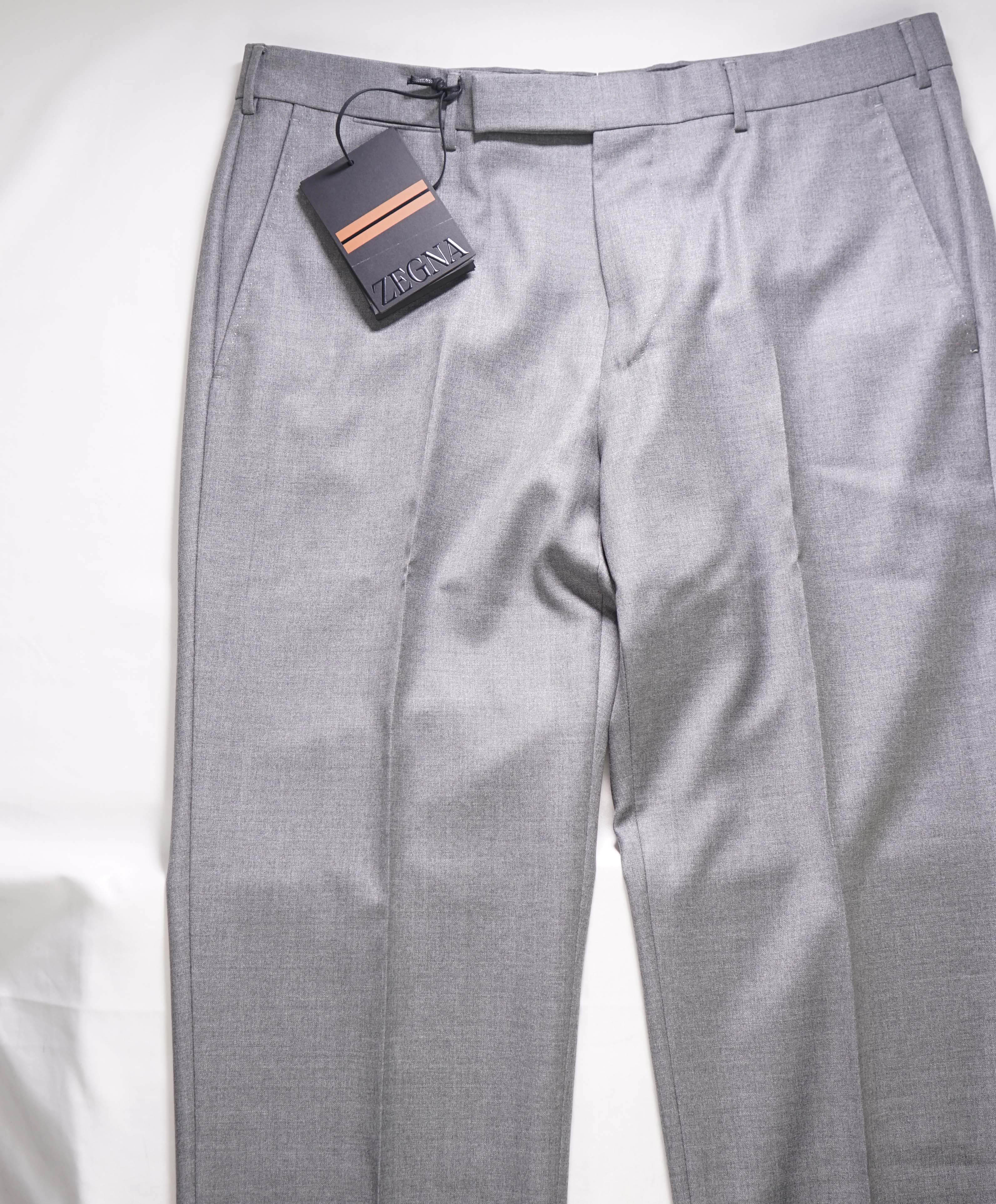 $890 ERMENEGILDO ZEGNA - Regular Fit Gray Flat Front Dress Pants - 36W