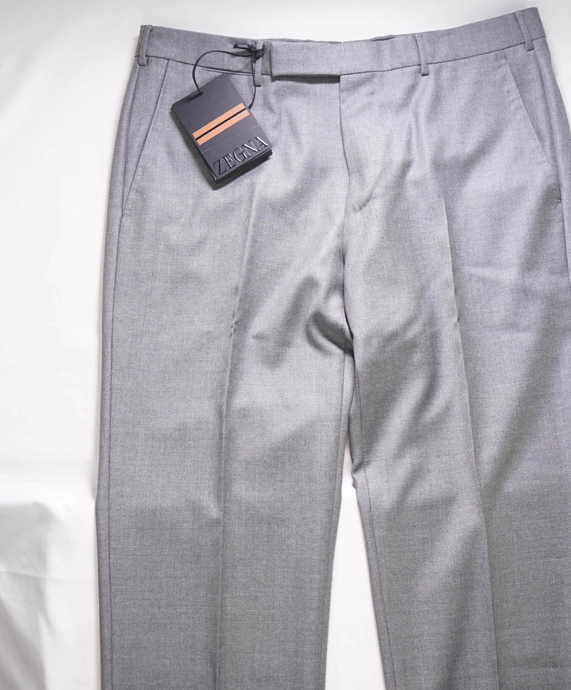 $890 ERMENEGILDO ZEGNA - Regular Fit Gray Flat Front Dress Pants - 36W