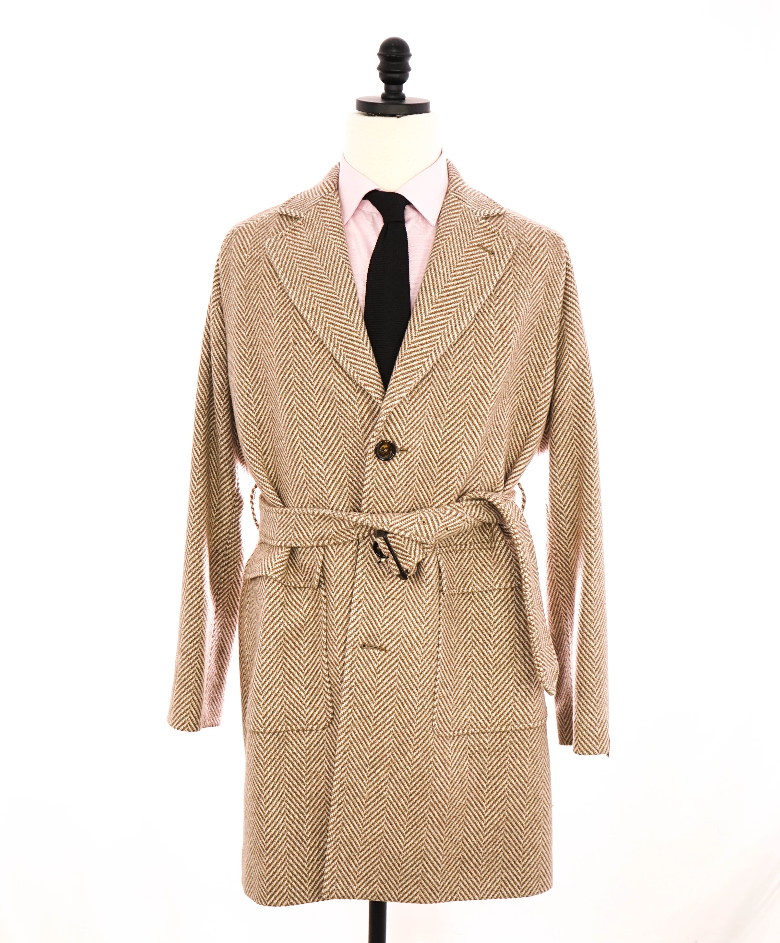 $2,895 ELEVENTY - Wool/CASHMERE Herringbone Camel Belted Coat- 40 (50EU)