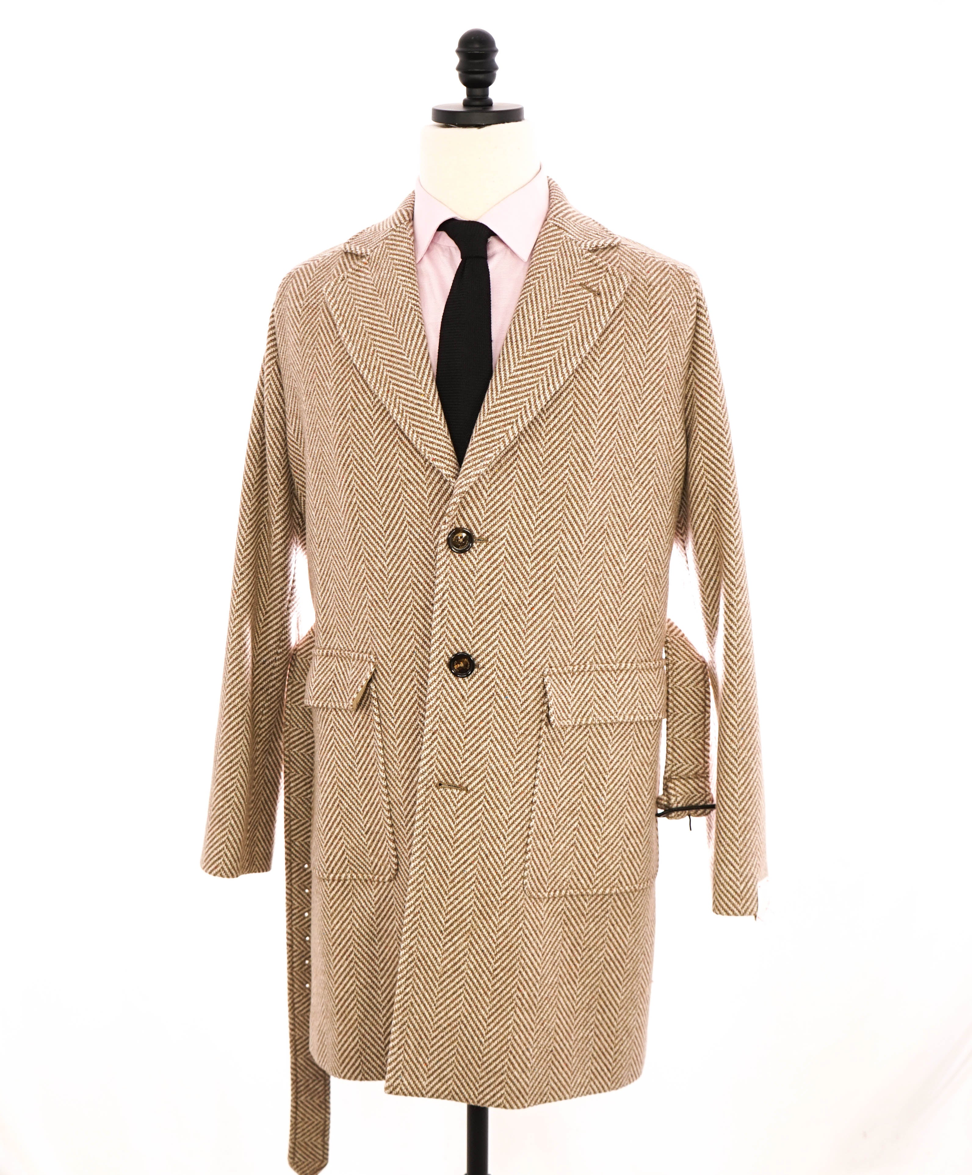 $2,895 ELEVENTY - Wool/CASHMERE Herringbone Camel Belted Coat- 40 (50EU)