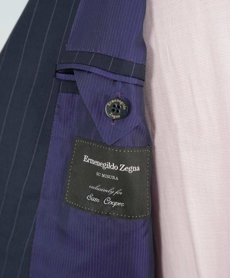 $4,690 ERMENEGILDO ZEGNA -"TROFEO" Su Misura Purple Stripe Navy Suit - 38R