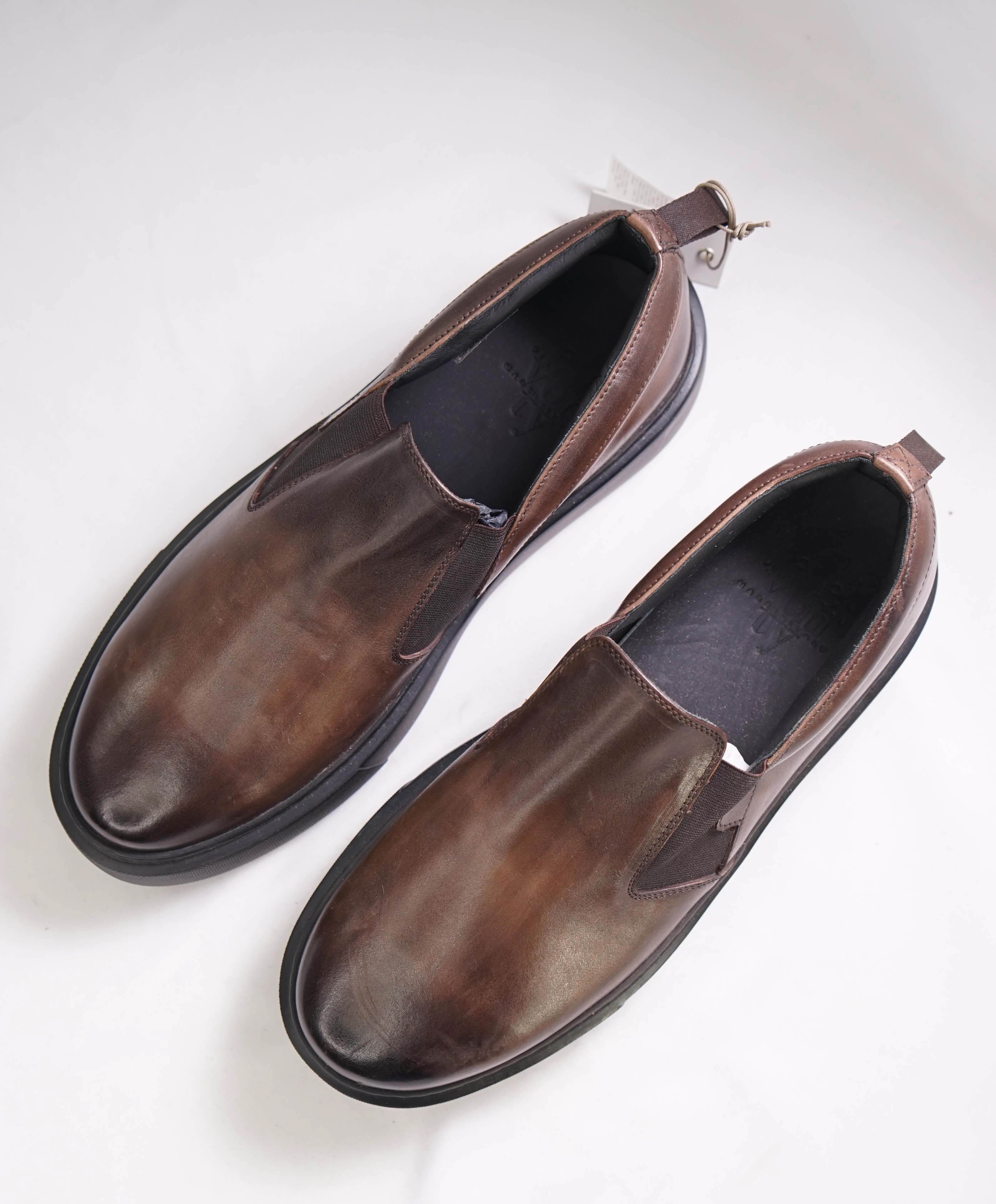 $795 ELEVENTY - Brown Hand Patina Leather Slip-On Loafers - 11 US (44EU)