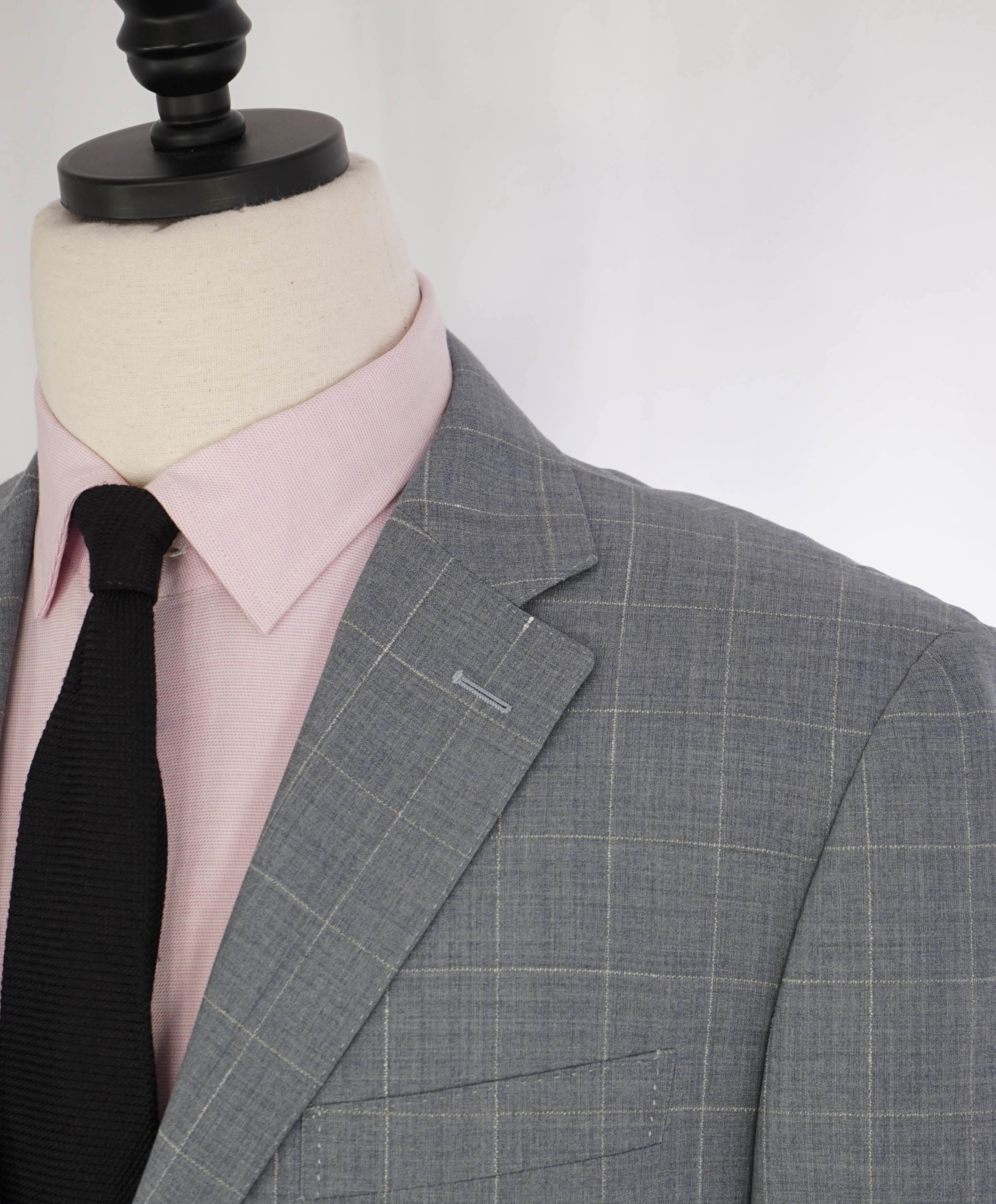 $1,895 CANALI - Gray Windowpane Textured Light Wool Blazer - 40R