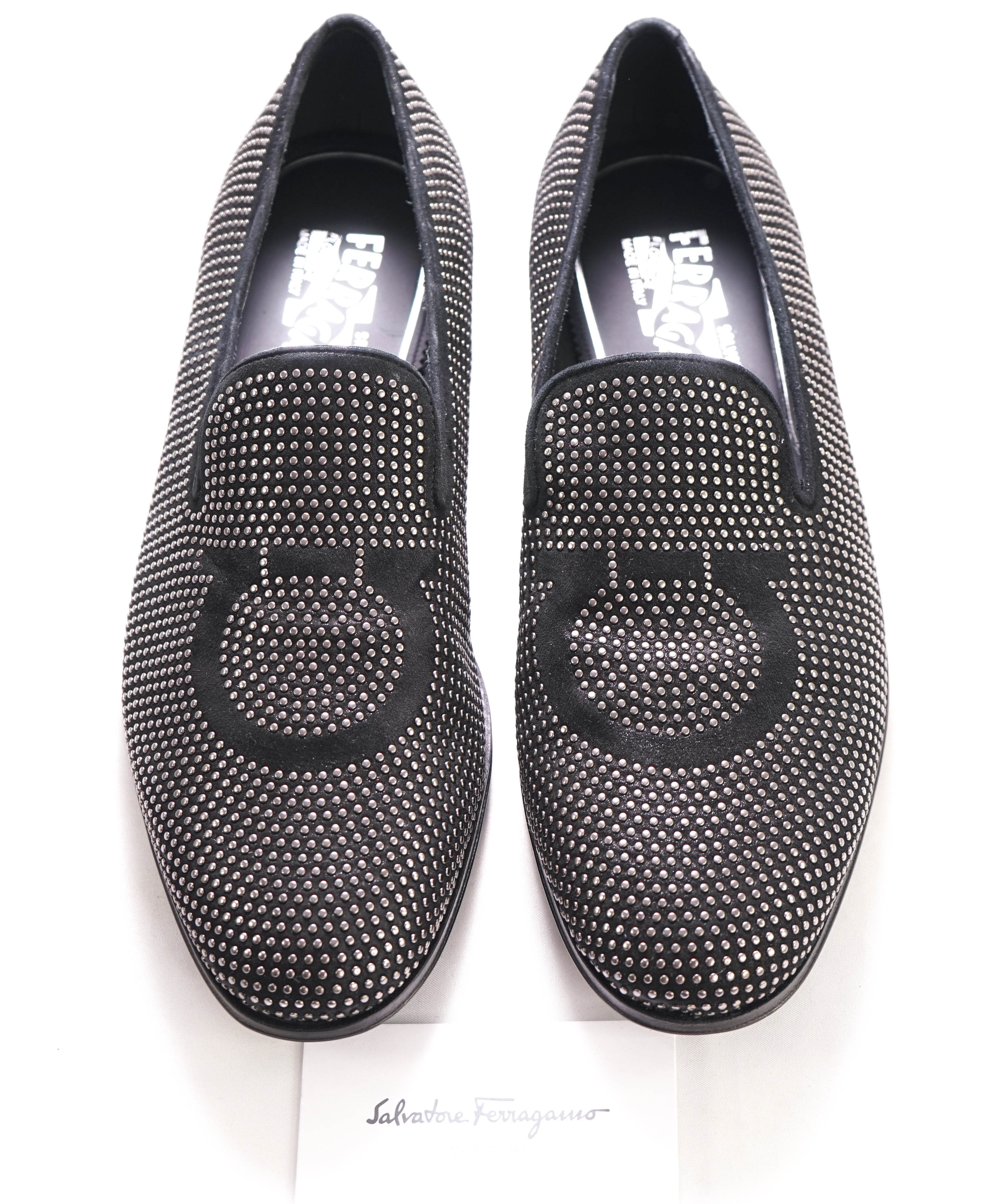 $1,450 SALVATORE FERRAGAMO - "BEVERLY" Studded Gancini Logo Slip-On Loafer  - 8