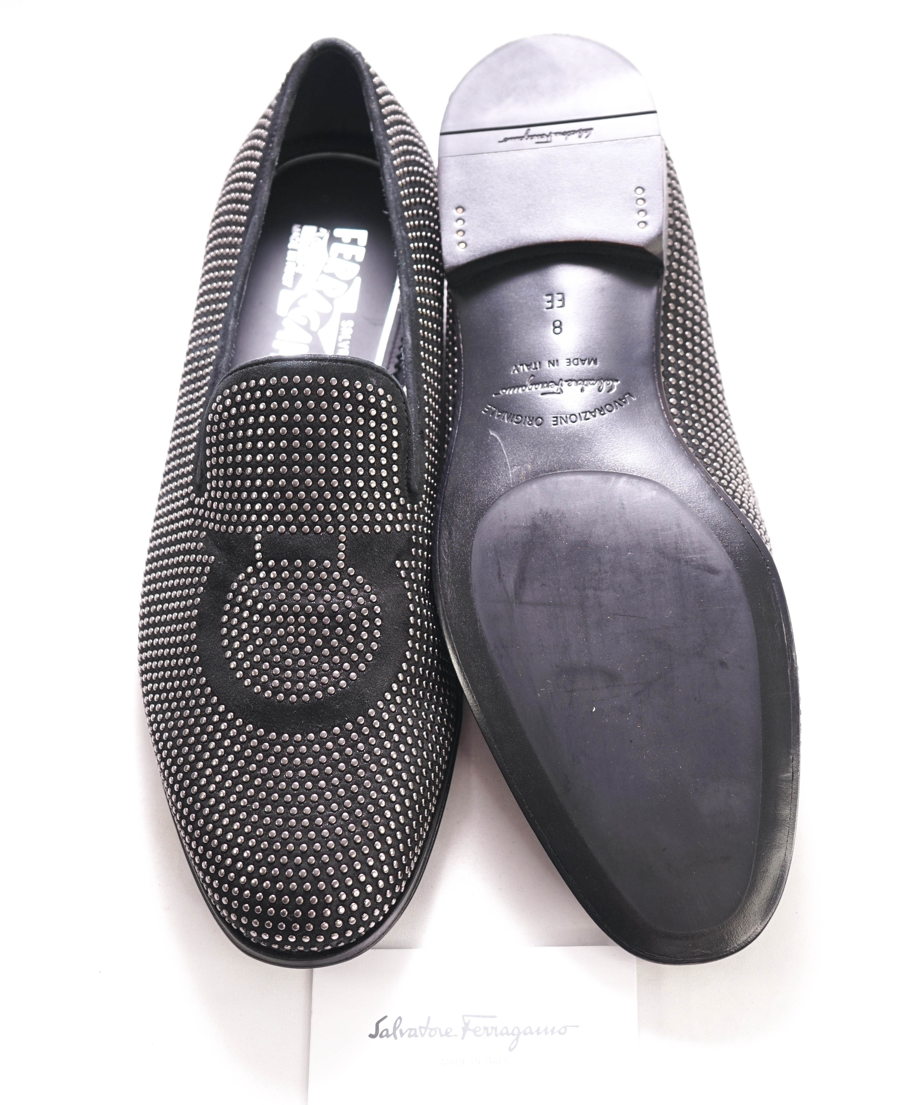 $1,450 SALVATORE FERRAGAMO - "BEVERLY" Studded Gancini Logo Slip-On Loafer  - 8