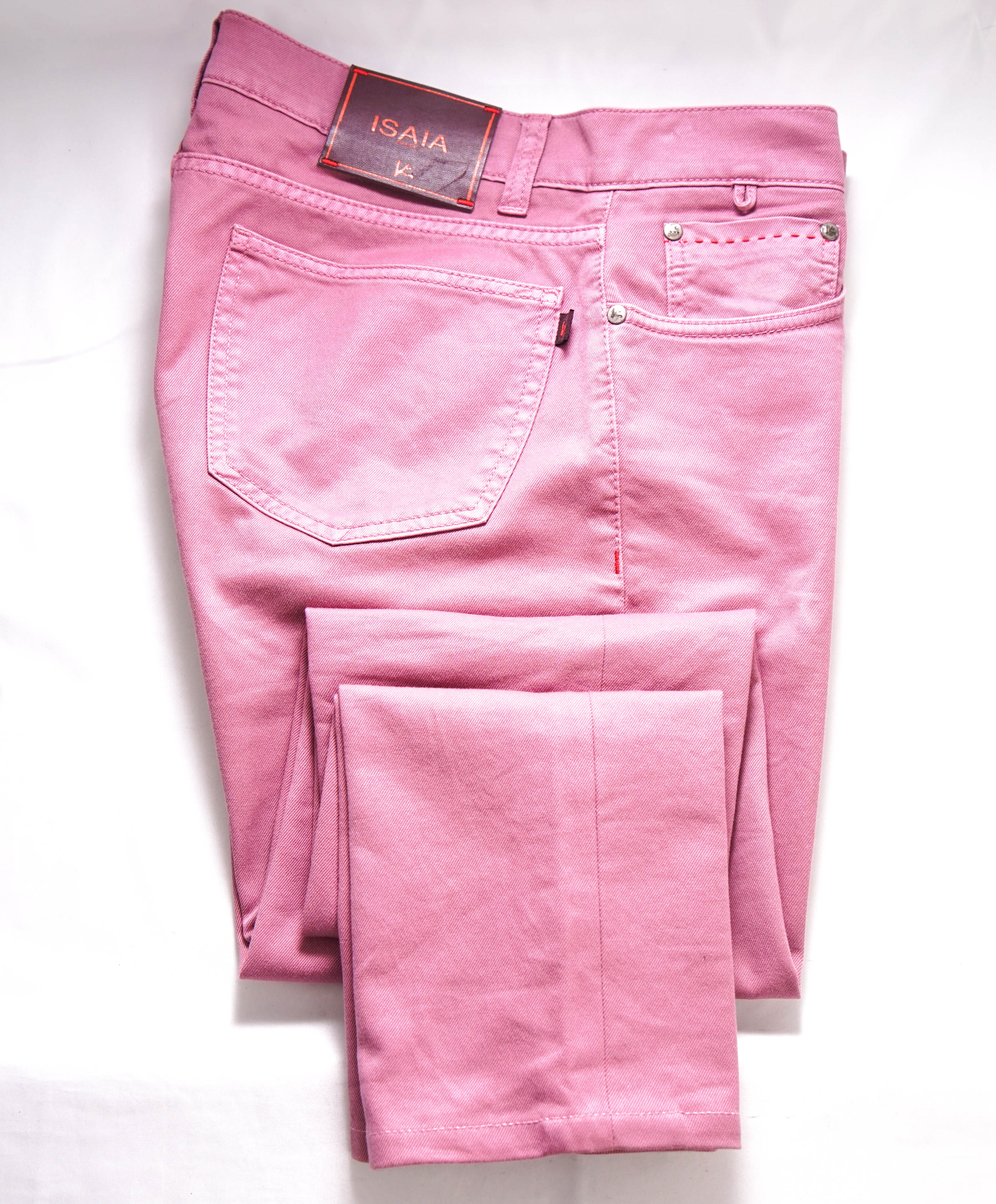 ISAIA - Pastel Pink LEATHER LOGO PATCH 5-Pocket Jeans Pants - 32W