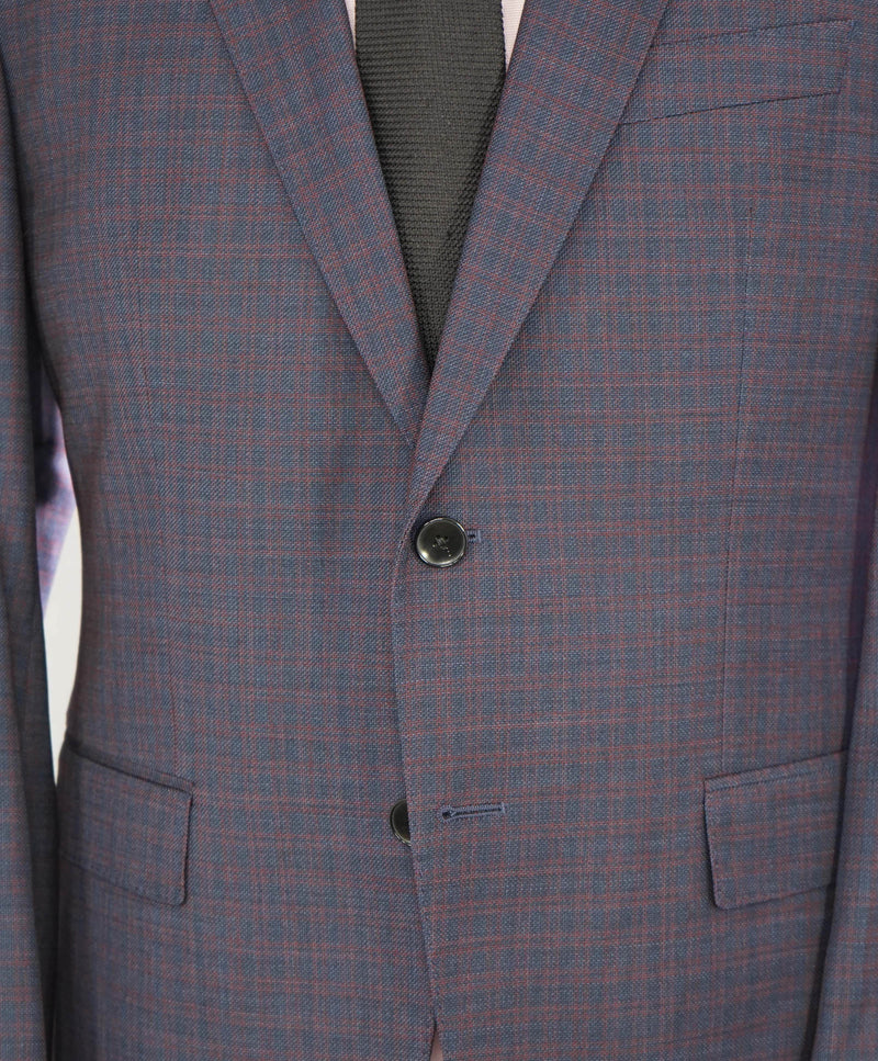 HUGO BOSS - "BIELLA SUPER 100" Navy & Red Notch Check 2-Btn Blazer - 42S