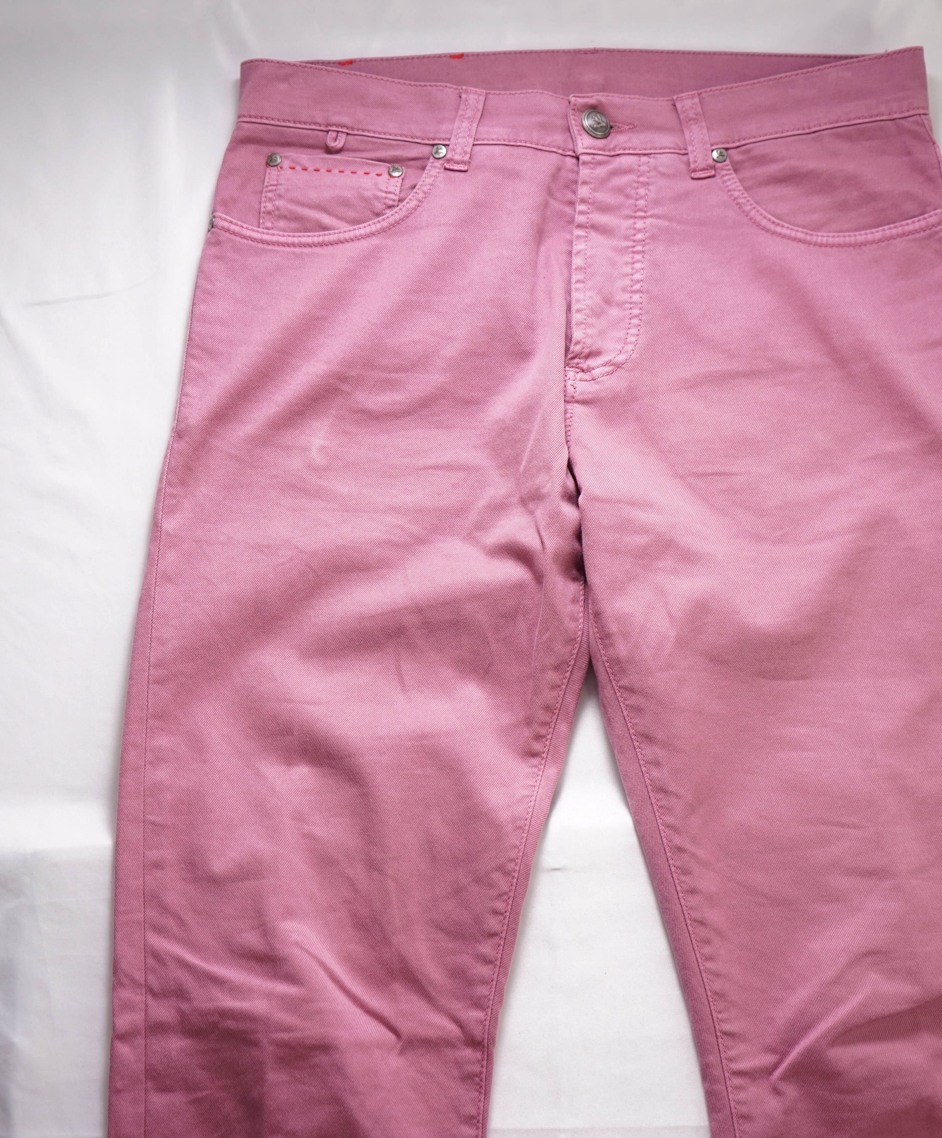 ISAIA - Pastel Pink LEATHER LOGO PATCH 5-Pocket Jeans Pants - 32W