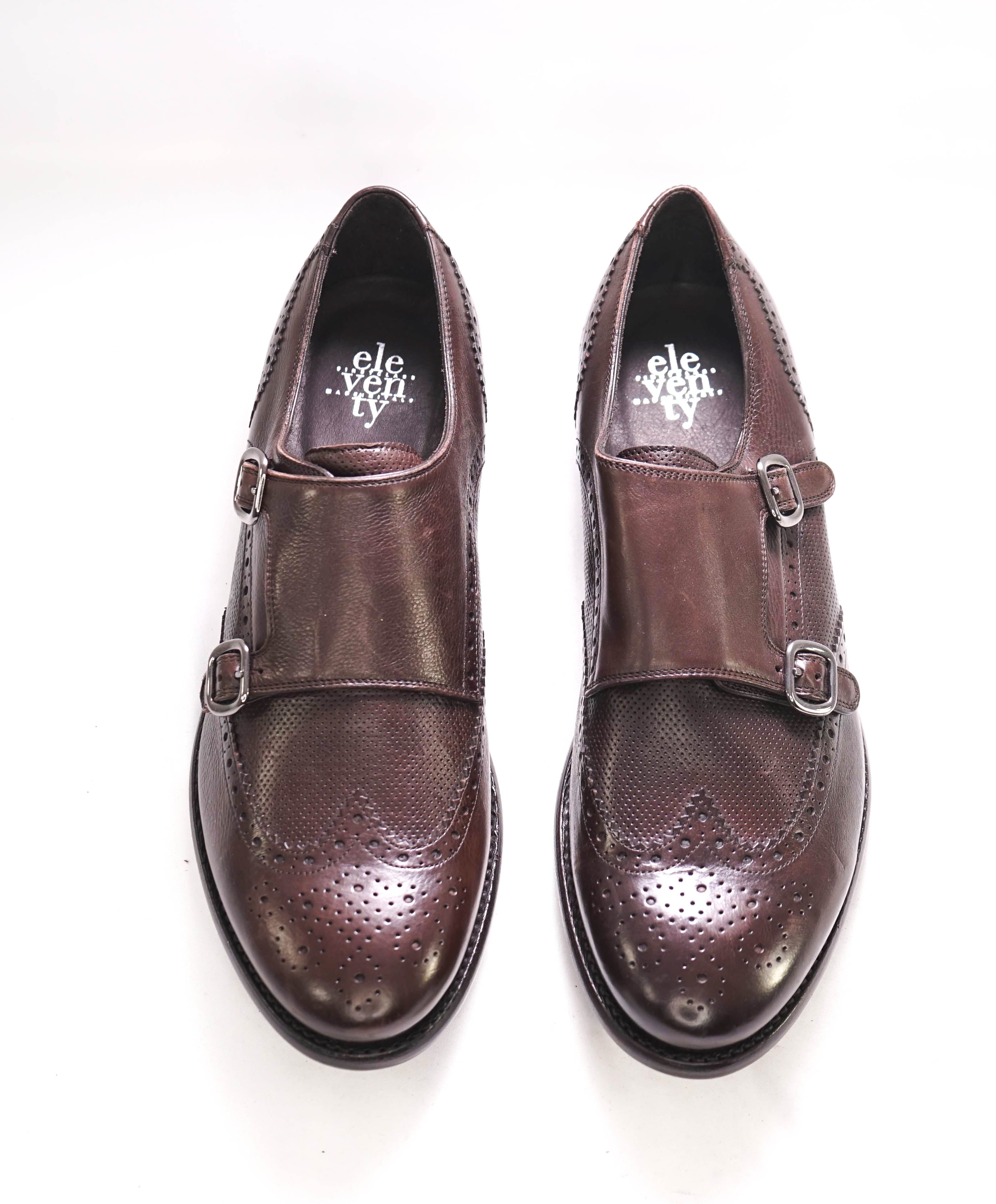 $895 ELEVENTY - Brown Monk Strap Brogue Textured Leather Loafers - 11 US (44EU)