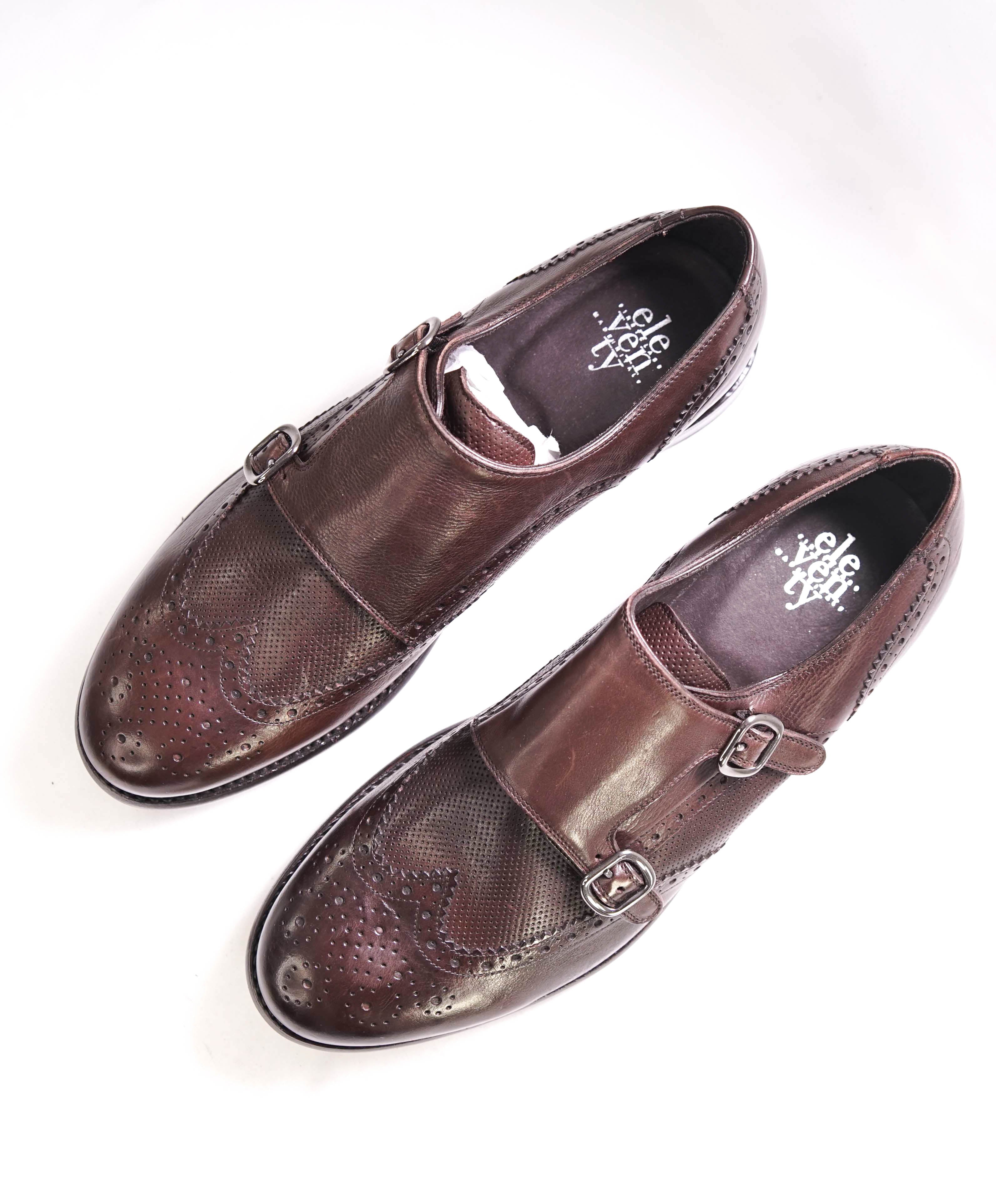 $895 ELEVENTY - Brown Monk Strap Brogue Textured Leather Loafers - 11 US (44EU)