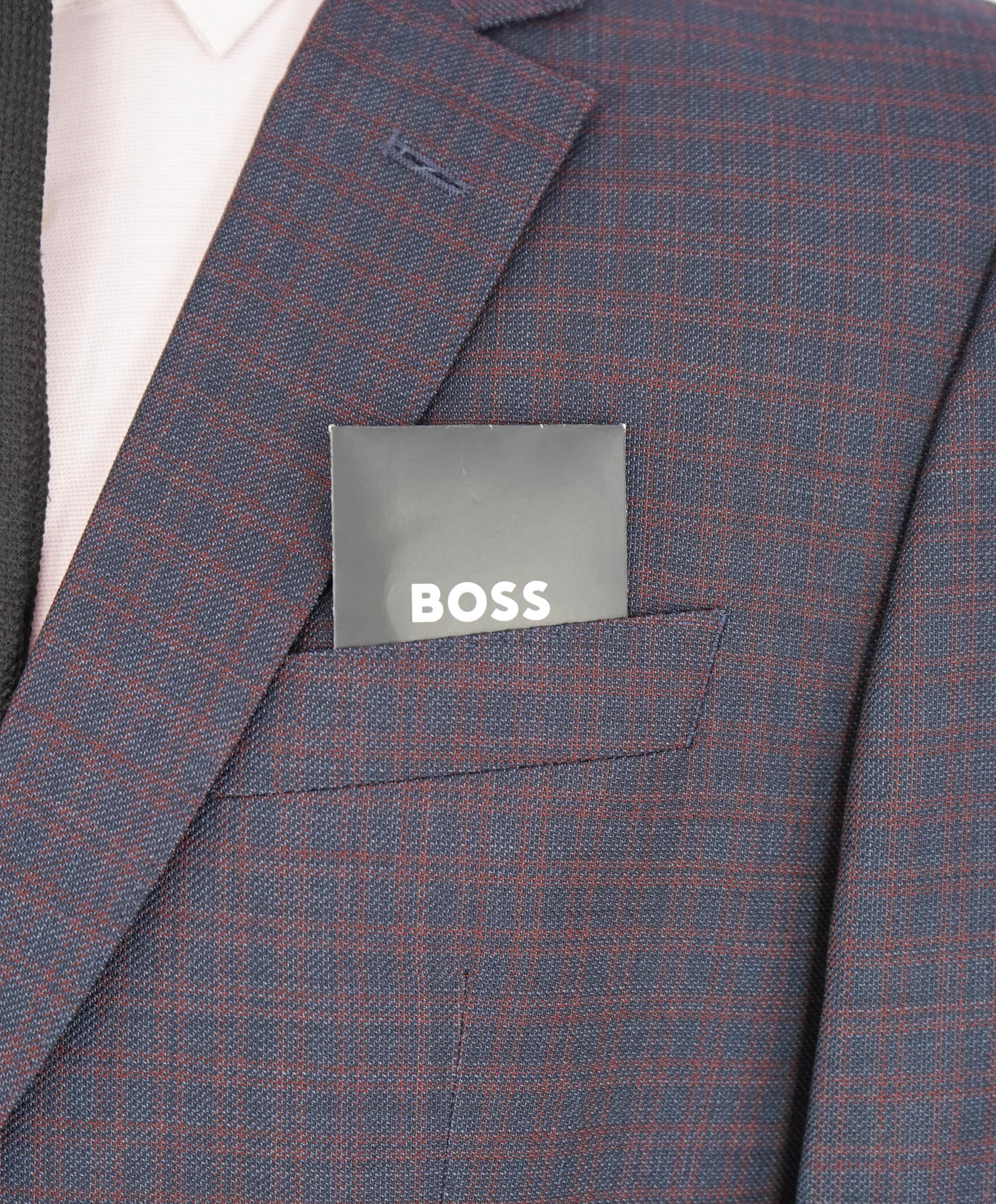 HUGO BOSS - "BIELLA SUPER 100" Navy & Red Notch Check 2-Btn Blazer - 42S