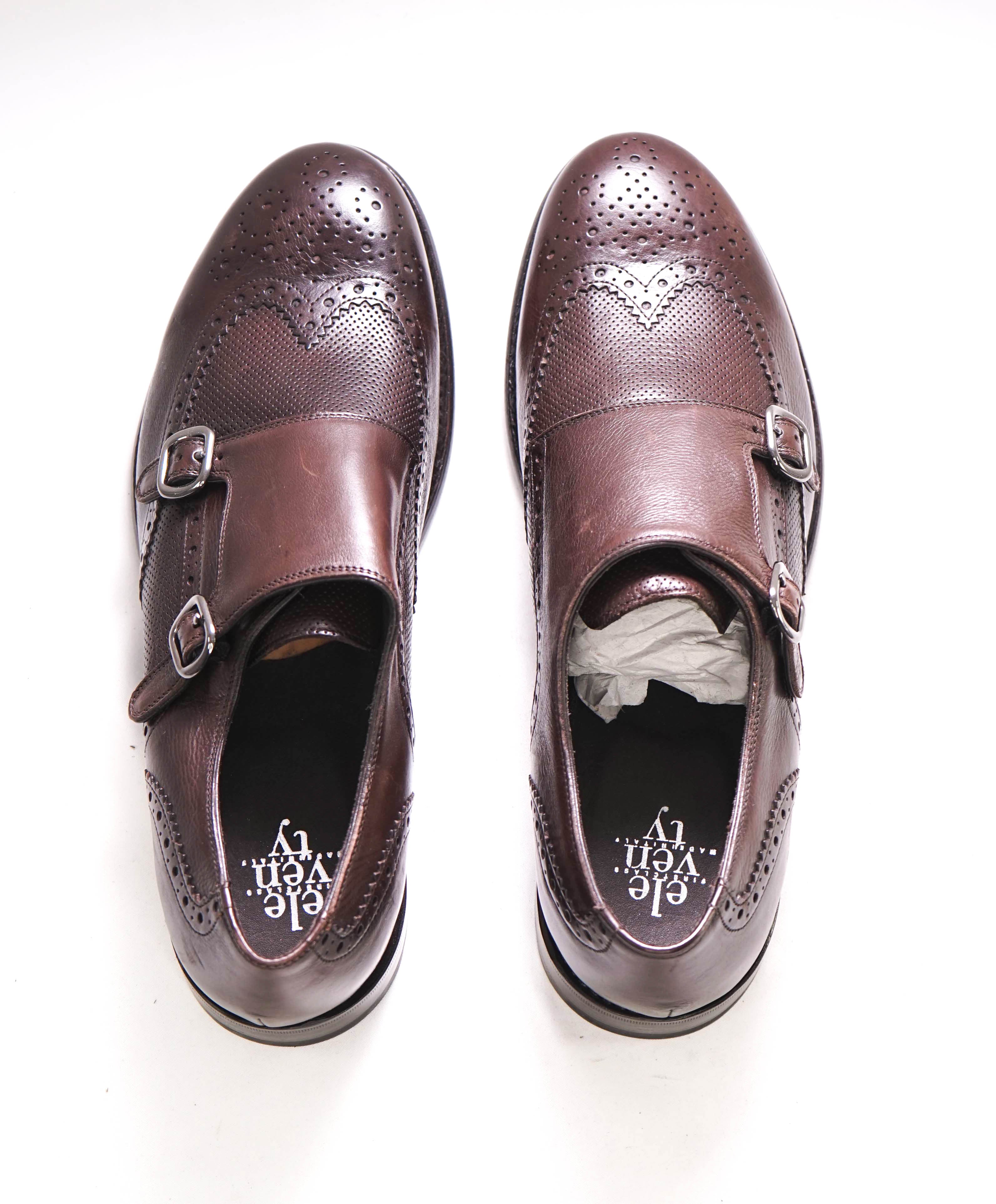 $895 ELEVENTY - Brown Monk Strap Brogue Textured Leather Loafers - 11 US (44EU)