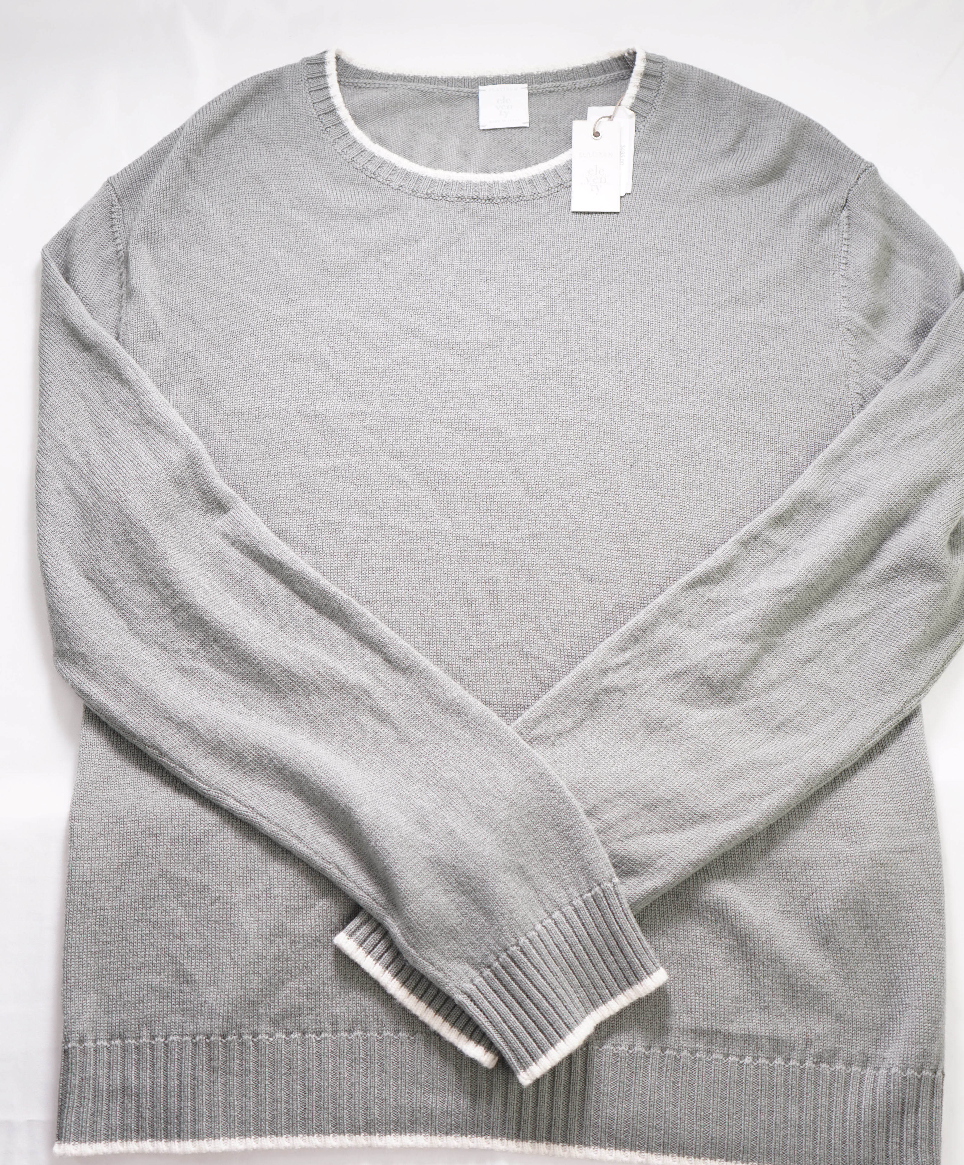 $595 ELEVENTY - *WOOl* Sage Green / Ivory Tipped Crewneck Sweater - M