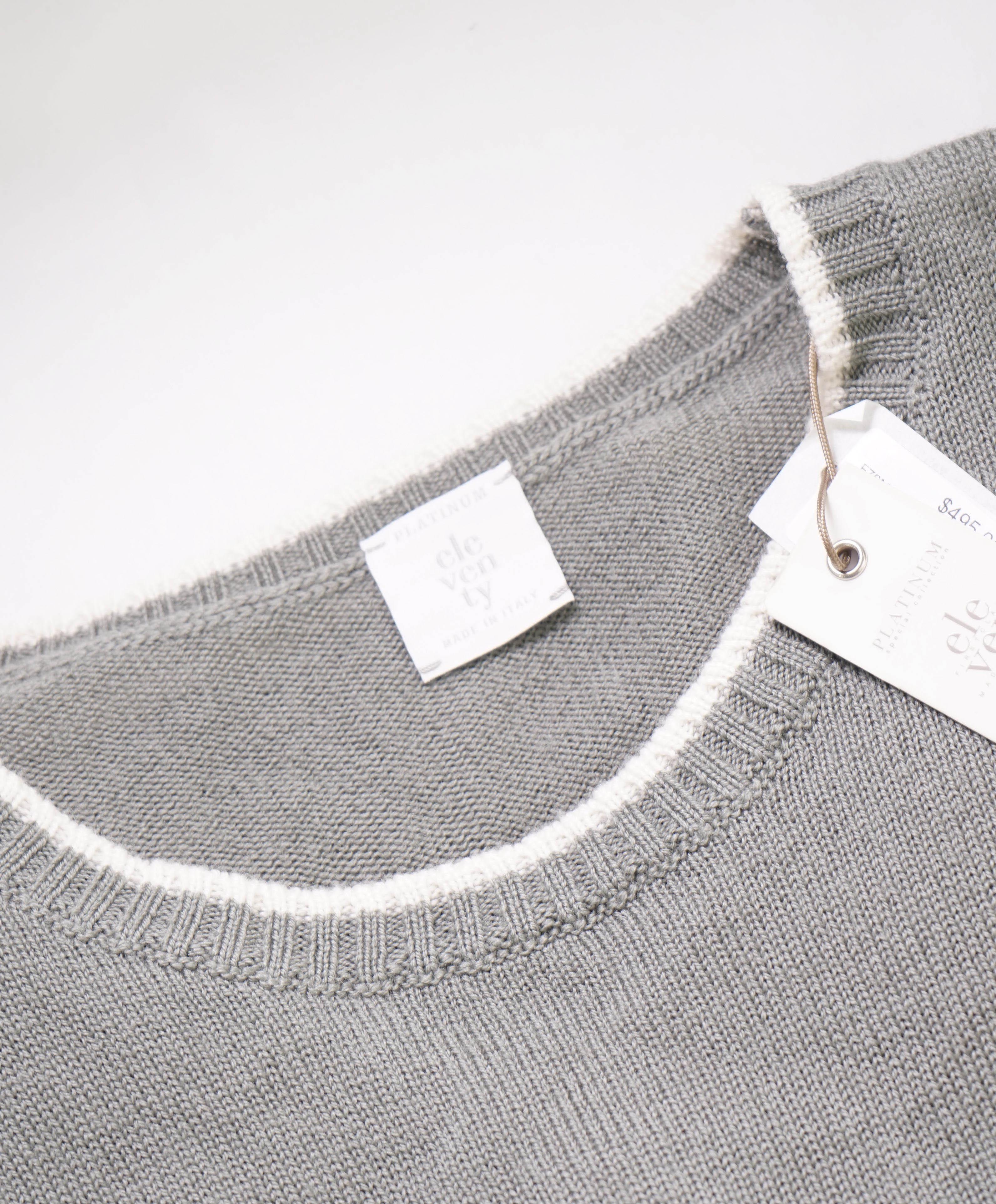 $595 ELEVENTY - *WOOl* Sage Green / Ivory Tipped Crewneck Sweater - M