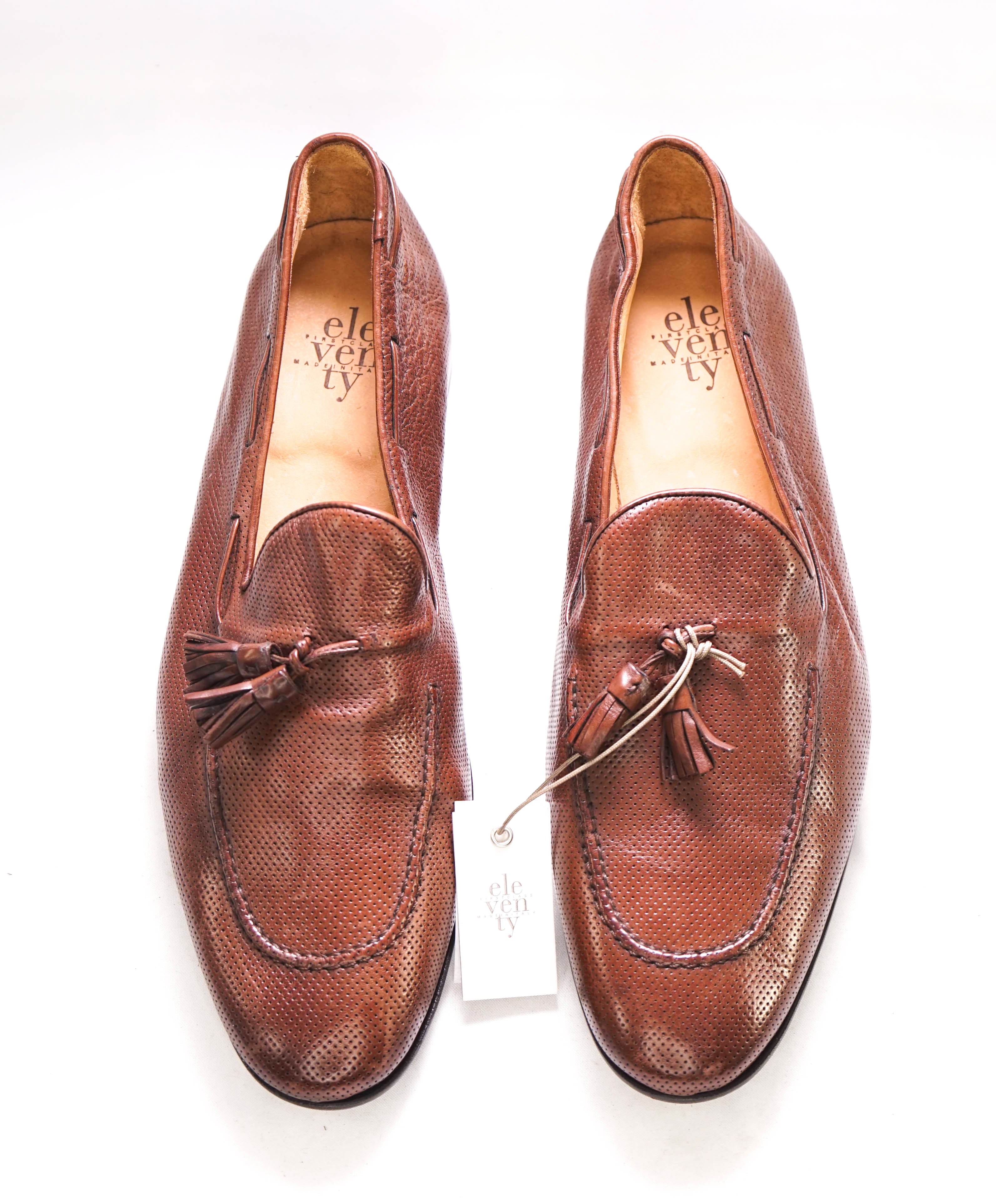 $795 ELEVENTY - Brown Leather Perforated Tassel Loafer - 11 US (44EU)