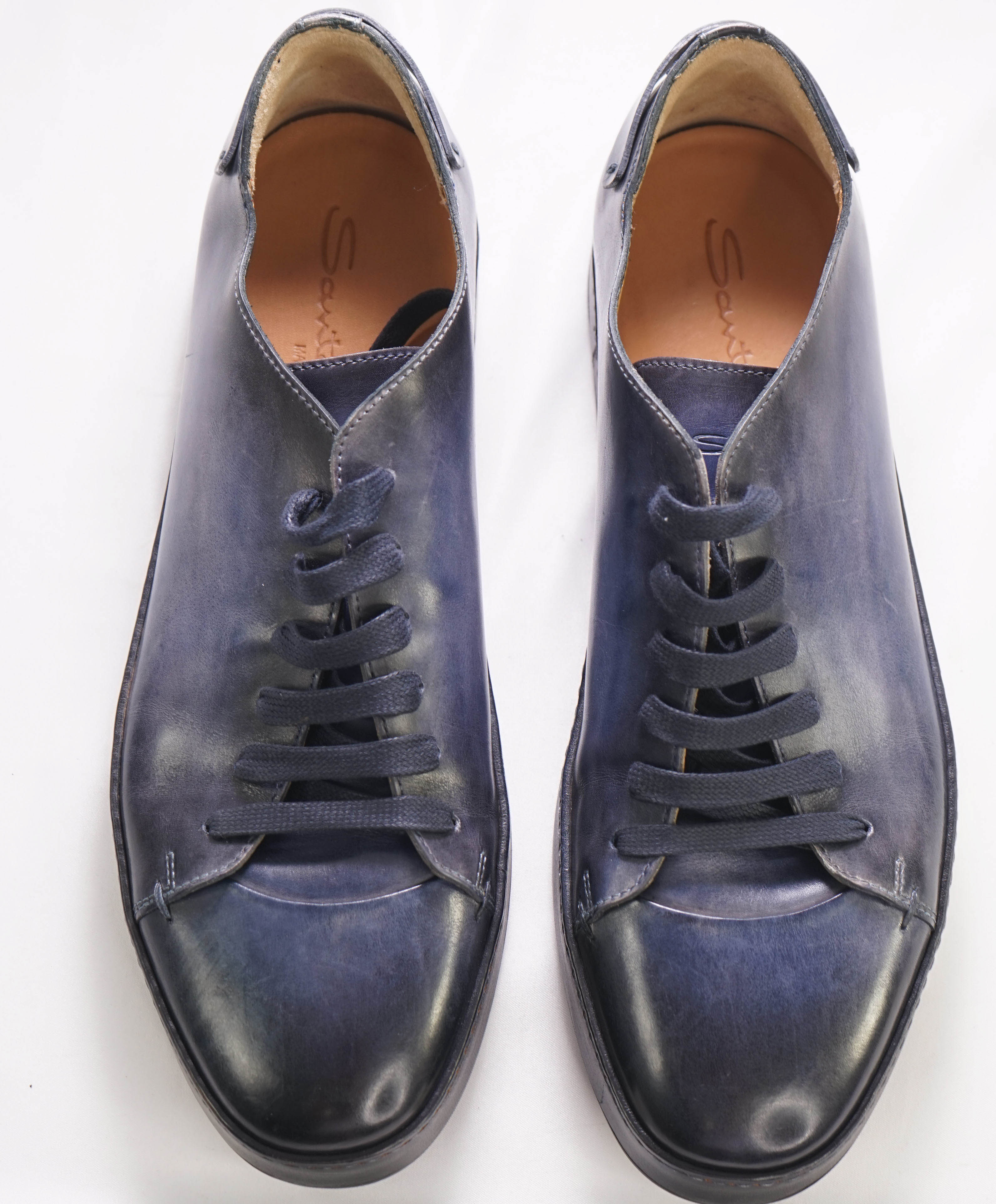 $1,295 SANTONI -  Navy/Blue Hand Patina Full Leather Sneaker - 12 (11 IT)