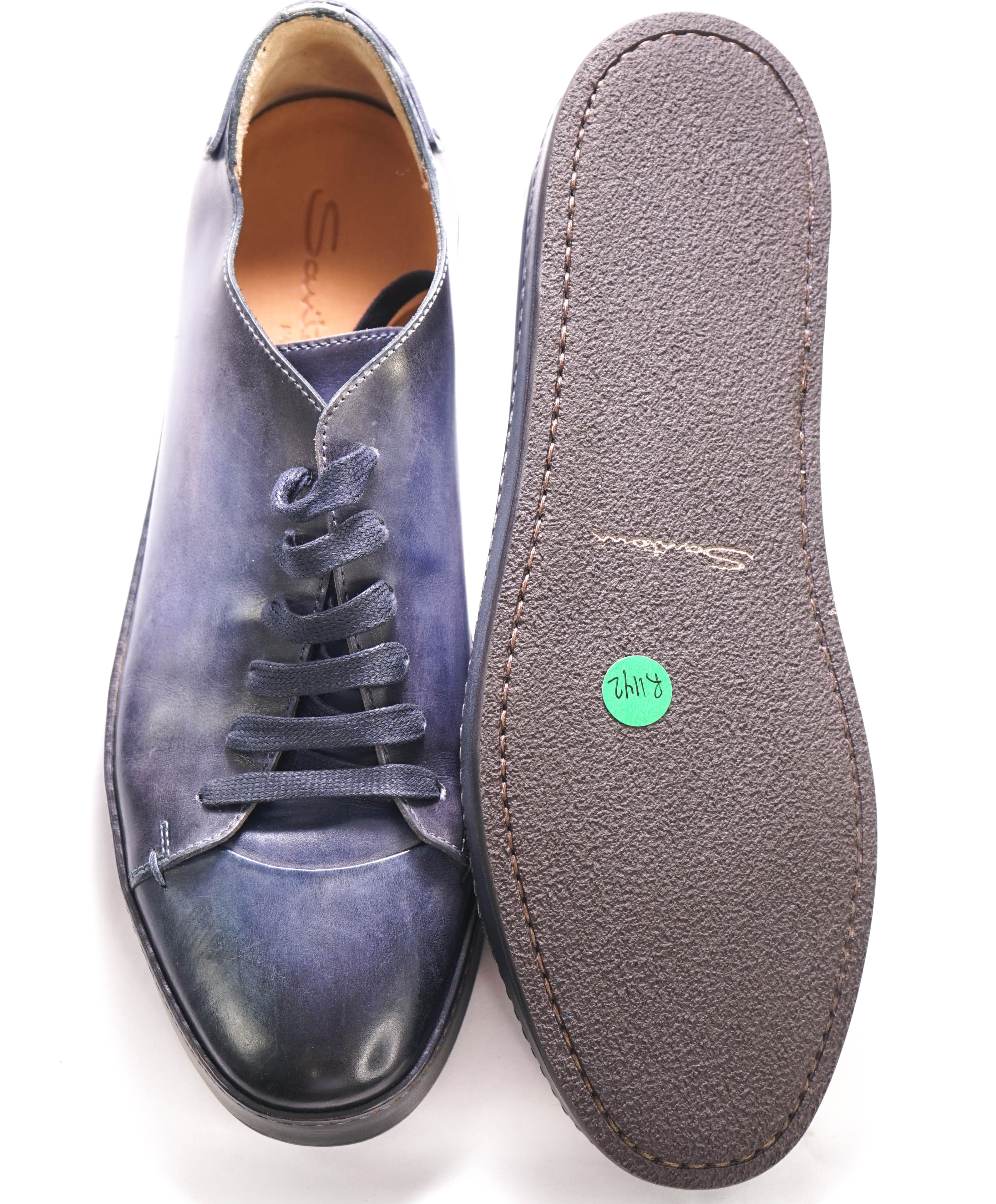 $1,295 SANTONI -  Navy/Blue Hand Patina Full Leather Sneaker - 12 (11 IT)