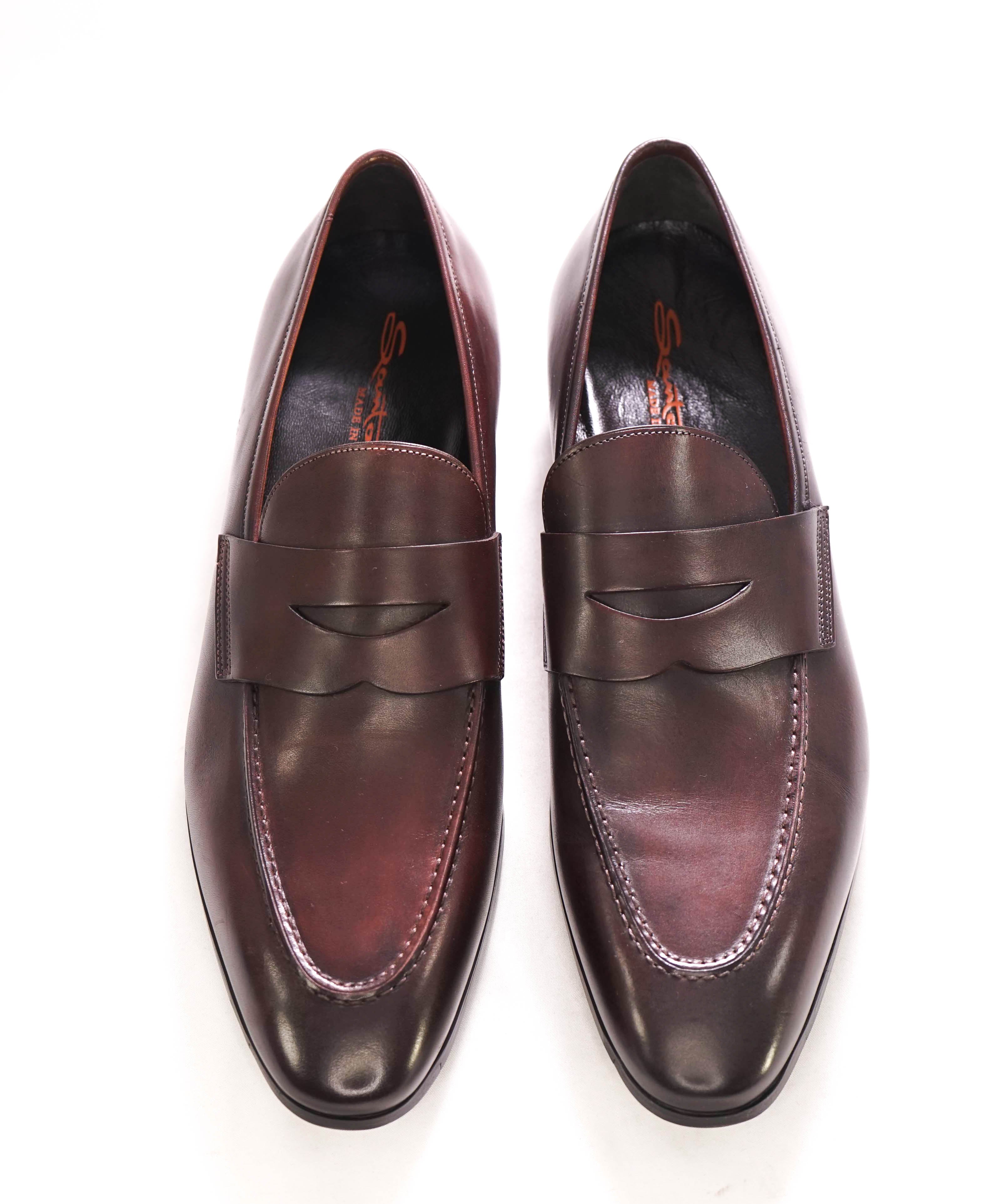 SANTONI - Brown Patine Round Toe Pebbled Leather Penny Loafers - 12.5 US (11.5IT)