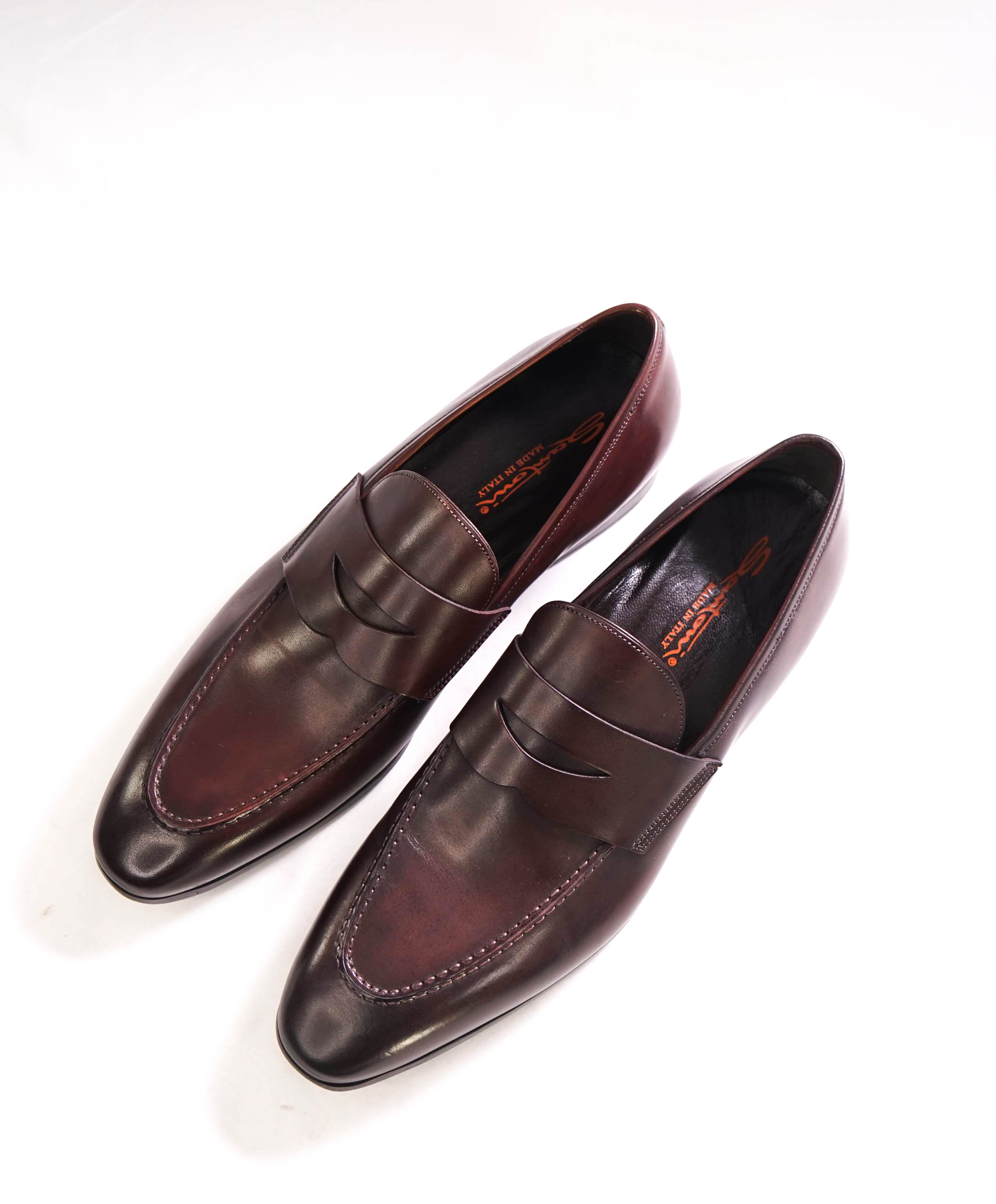 SANTONI - Brown Patine Round Toe Pebbled Leather Penny Loafers - 12.5 US (11.5IT)