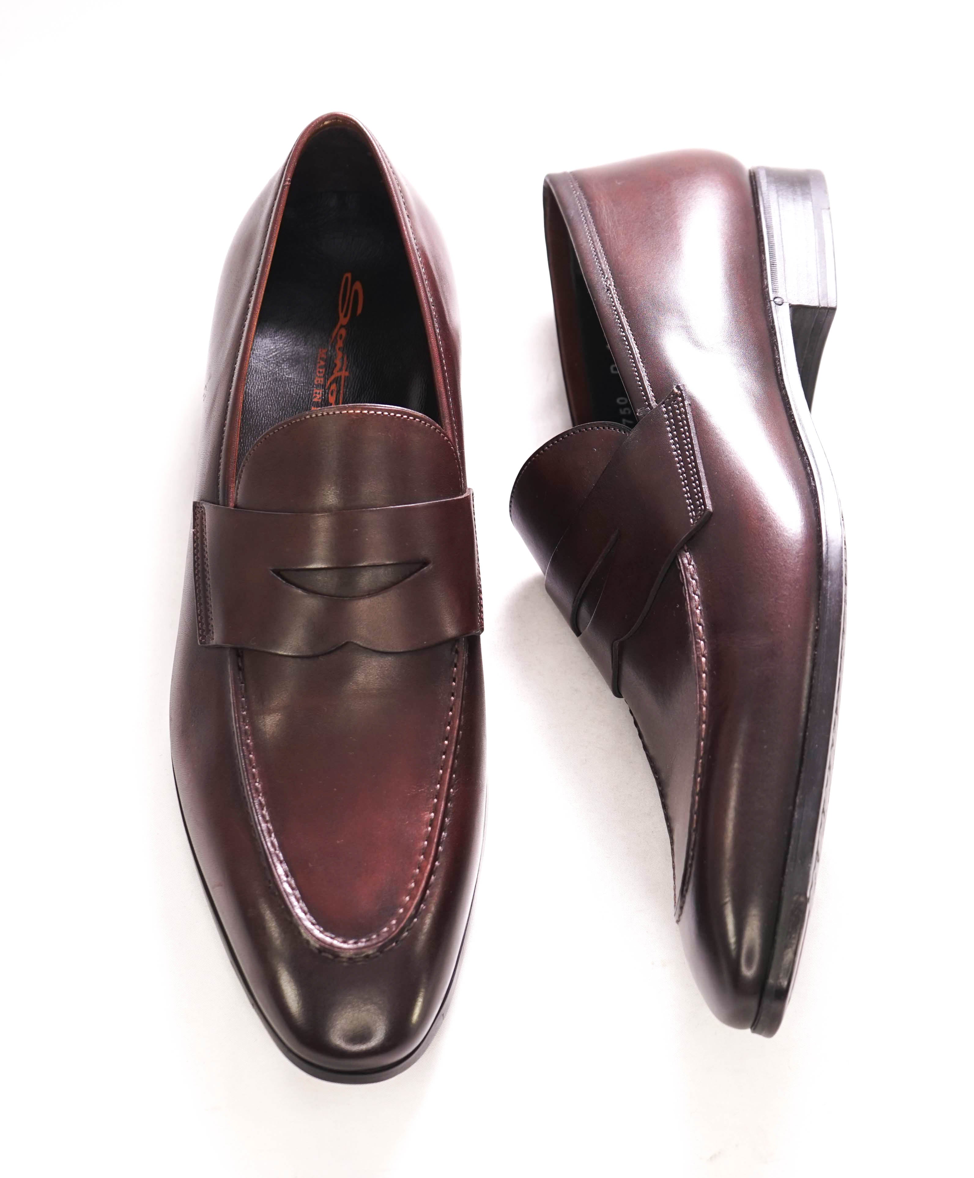 SANTONI - Brown Patine Round Toe Pebbled Leather Penny Loafers - 12.5 US (11.5IT)