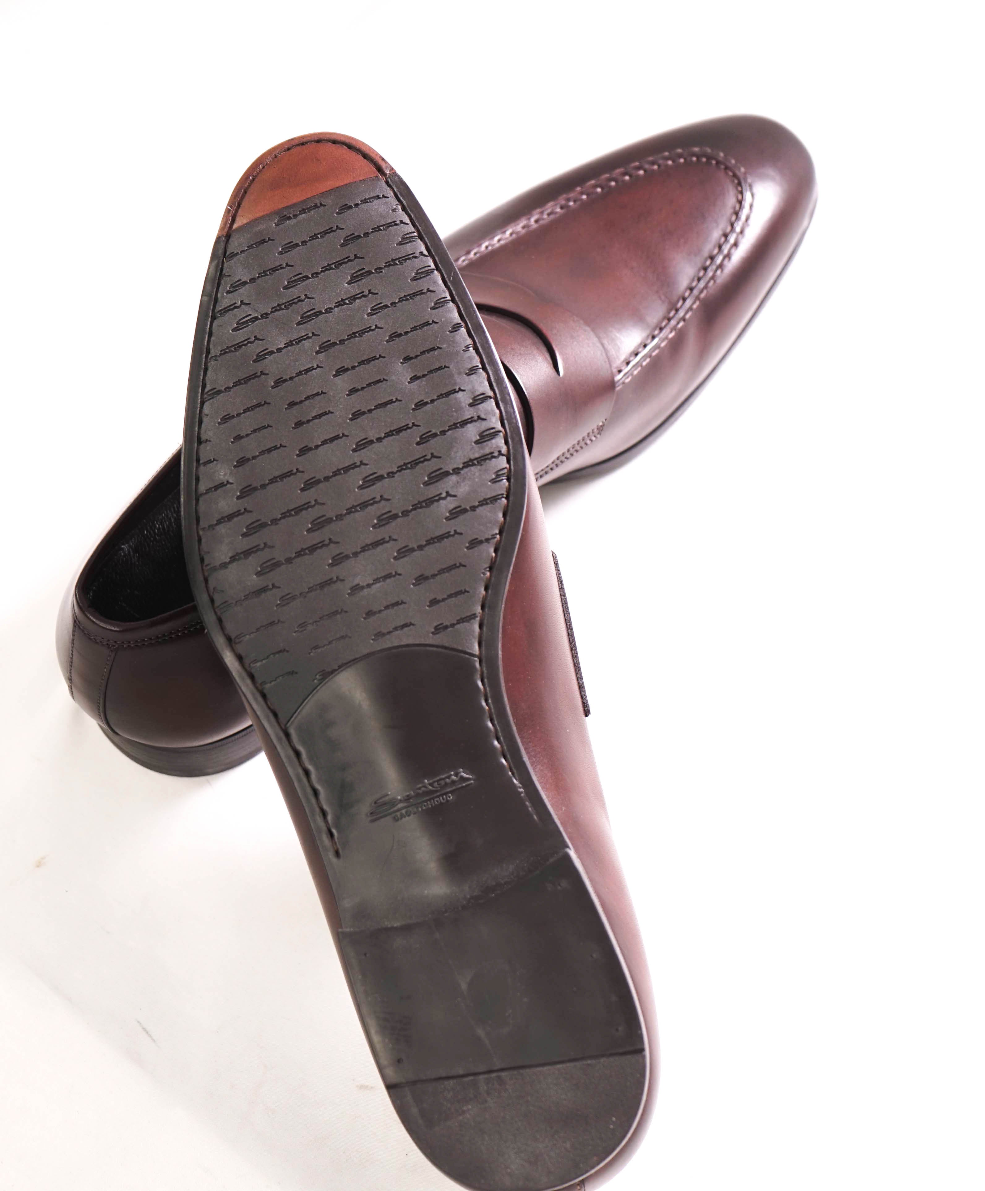 SANTONI - Brown Patine Round Toe Pebbled Leather Penny Loafers - 12.5 US (11.5IT)