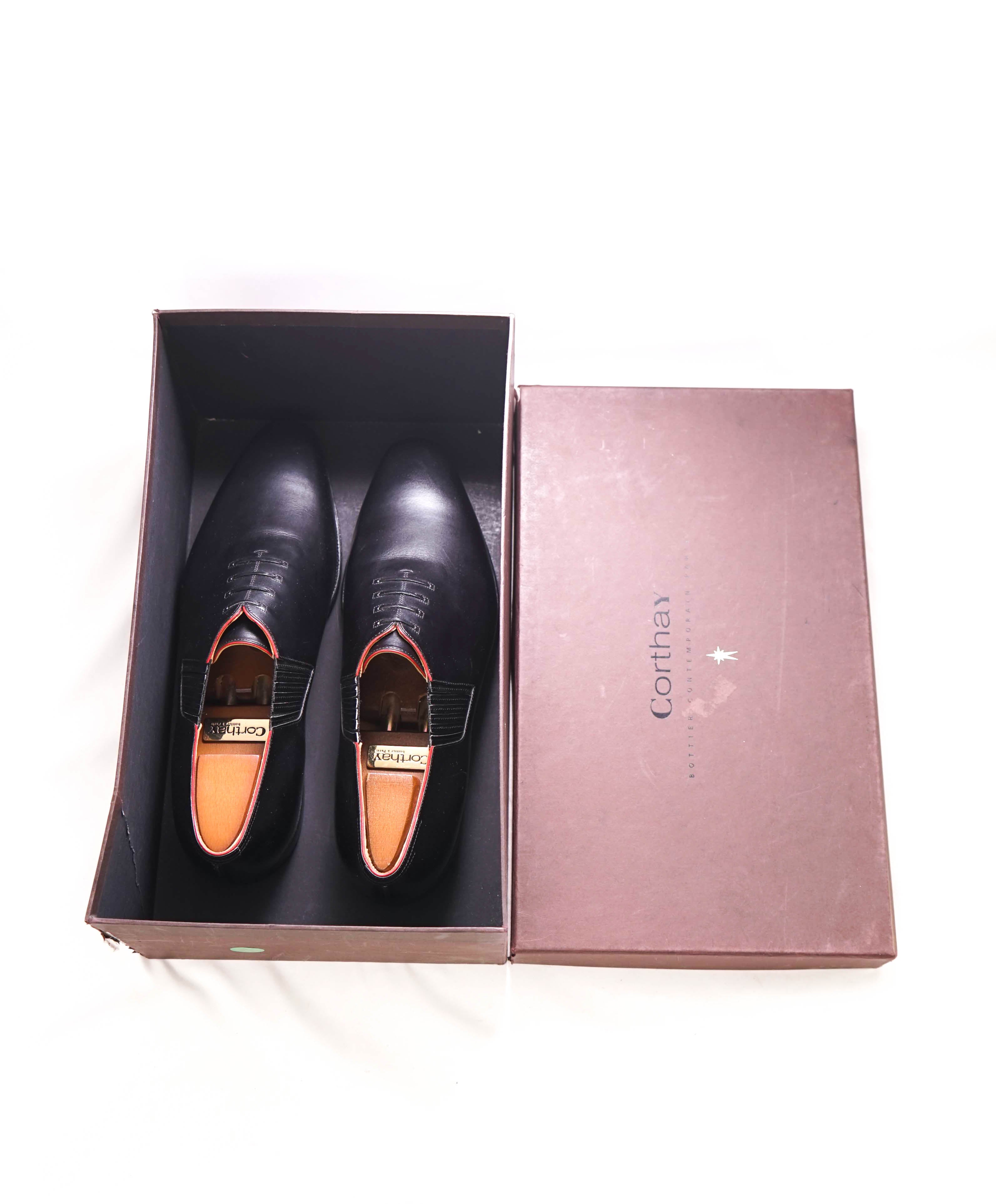 $2,150 CORTHAY - Twist Pullman French Calf Leather Black/Red Piped Oxfords - 9.5 US