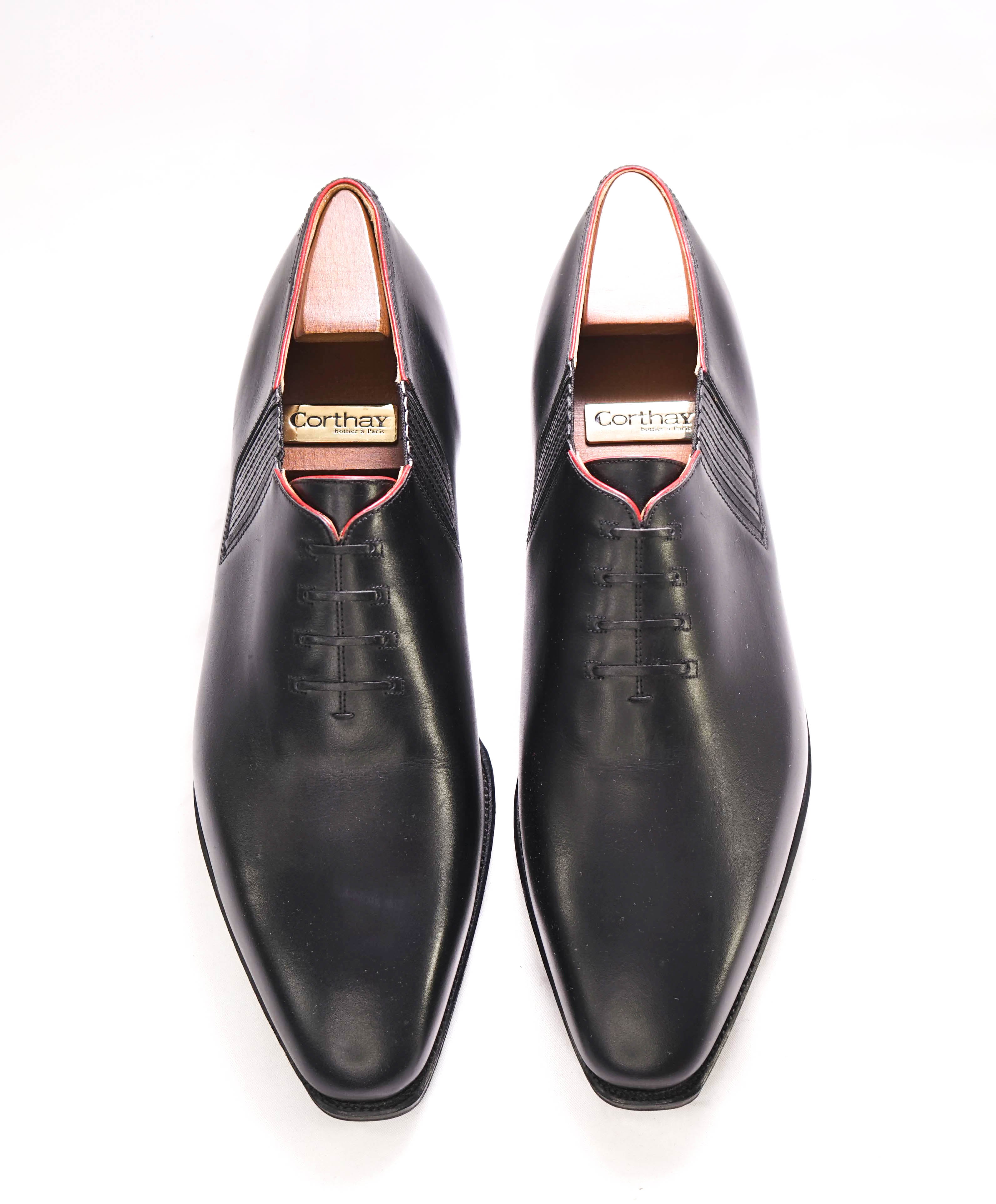 $2,150 CORTHAY - Twist Pullman French Calf Leather Black/Red Piped Oxfords - 9.5 US